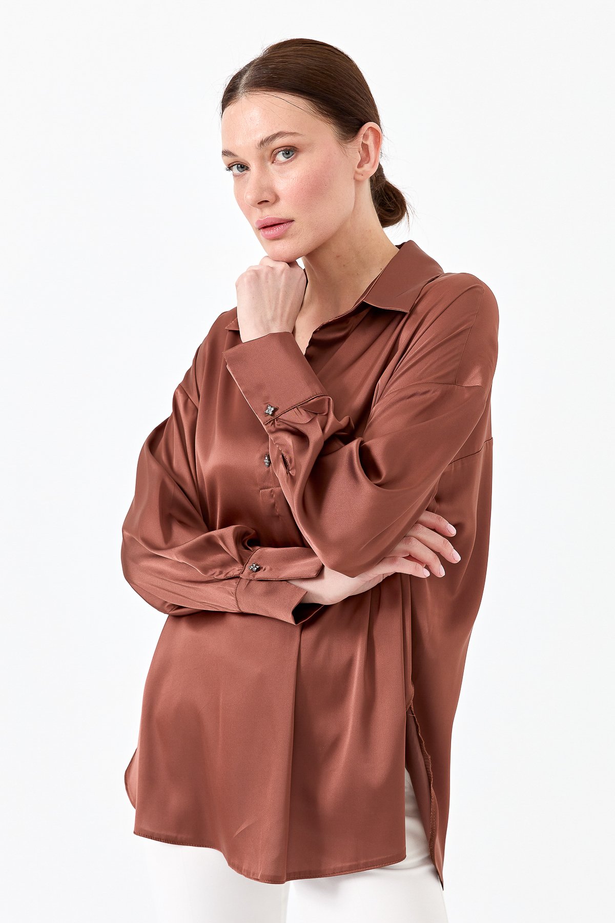 23710Kadın Saten Patlı Bluz Bakır