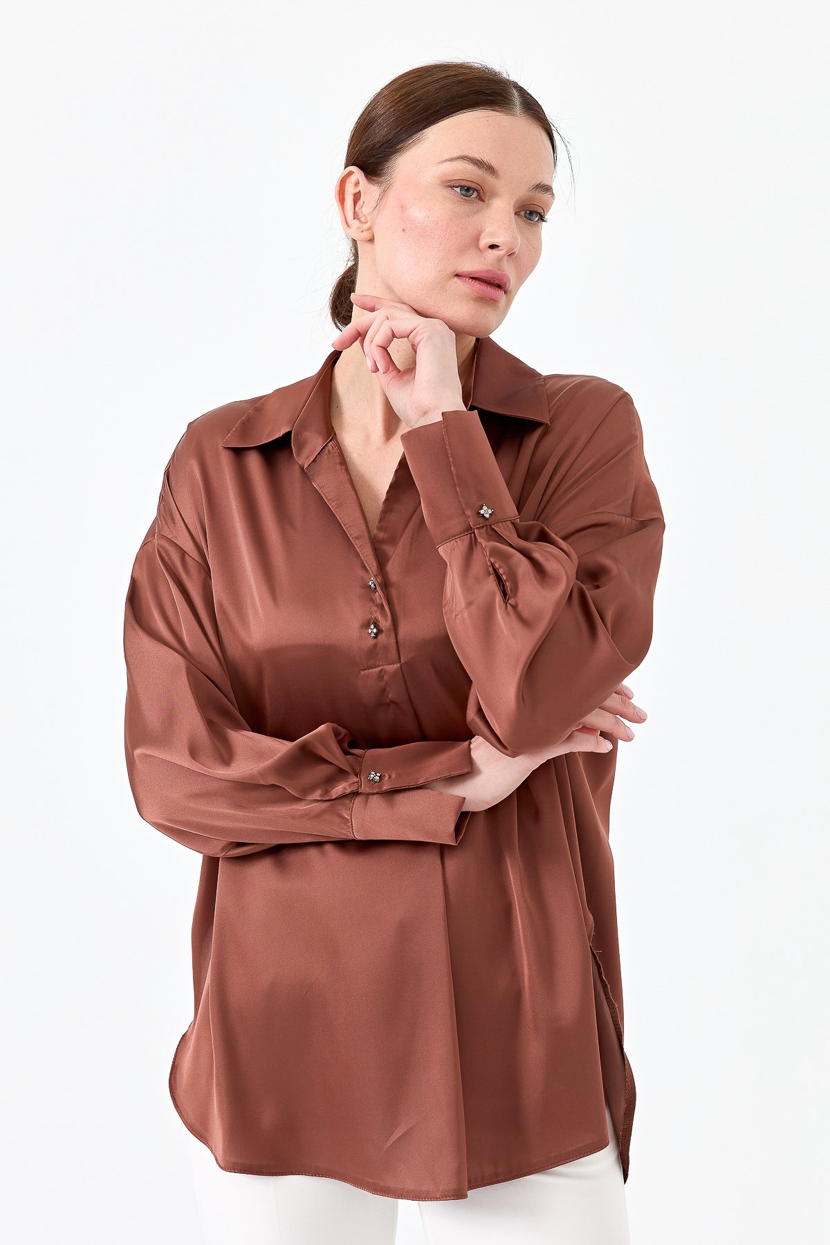 23710Kadın Saten Patlı Bluz Bakır