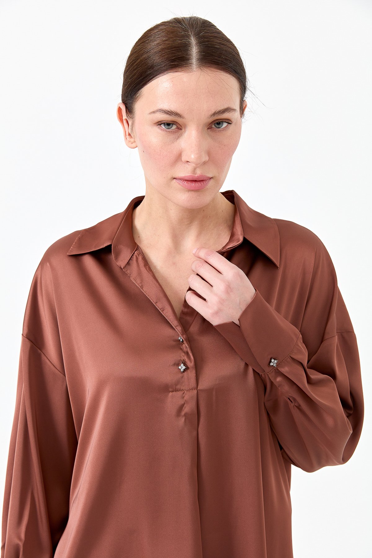 23710Kadın Saten Patlı Bluz Bakır