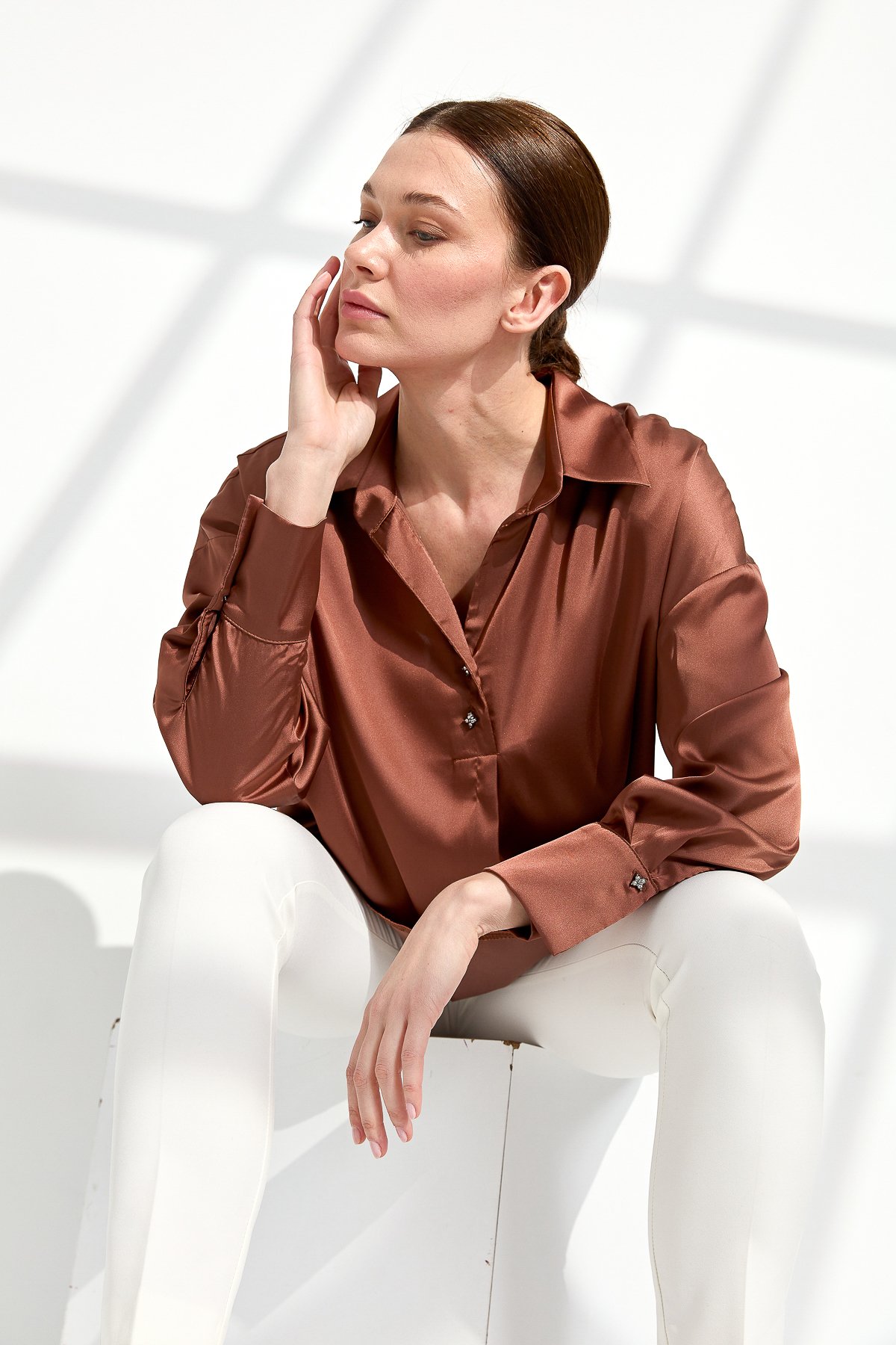 23710Kadın Saten Patlı Bluz Bakır