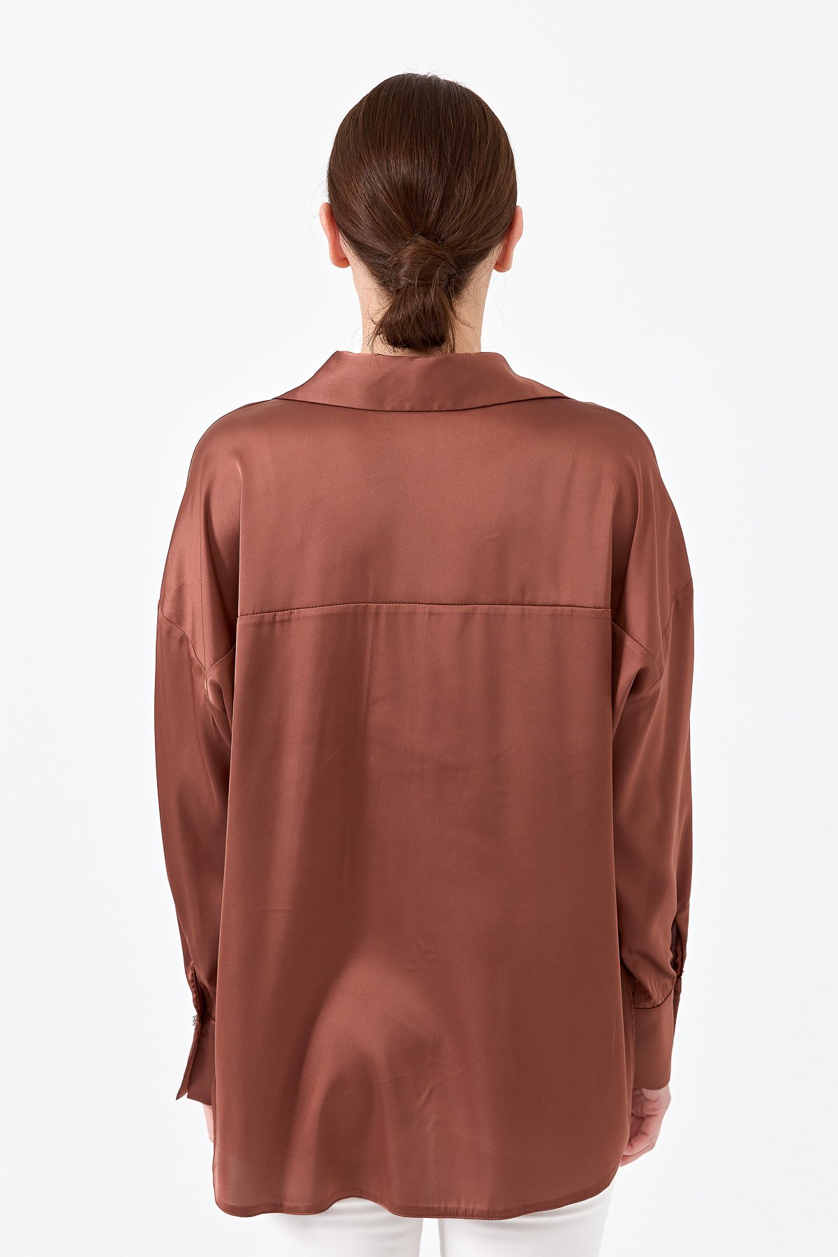 23710Kadın Saten Patlı Bluz Bakır