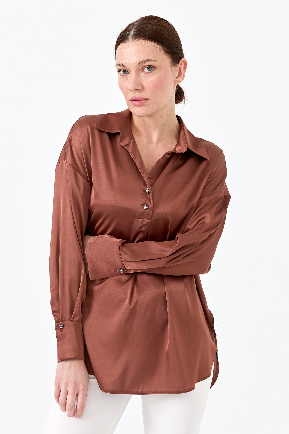 23710Kadın Saten Patlı Bluz Bakır