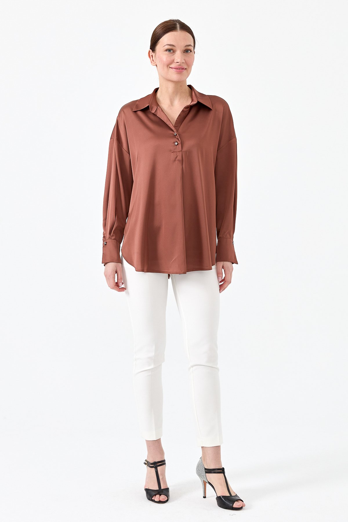 23710Kadın Saten Patlı Bluz Bakır