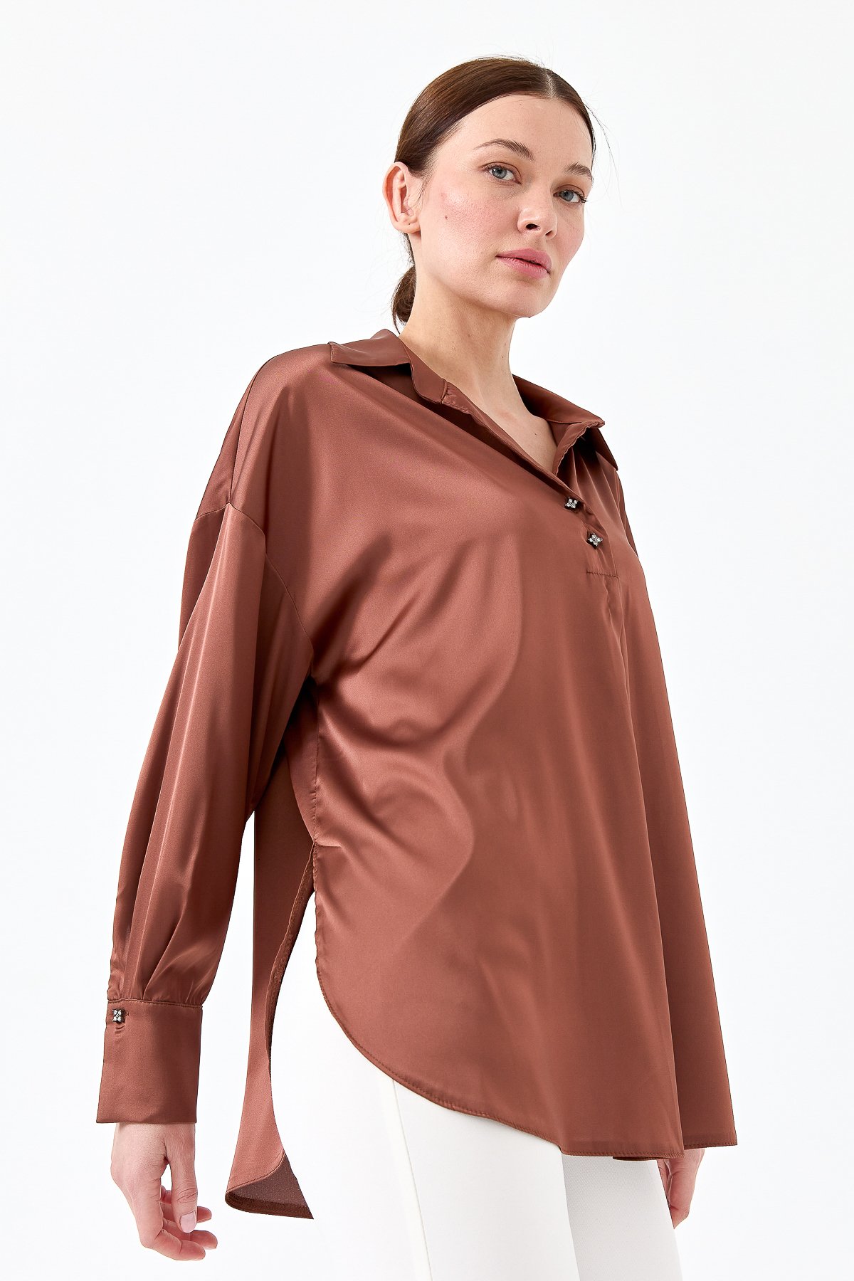 23710Kadın Saten Patlı Bluz Bakır