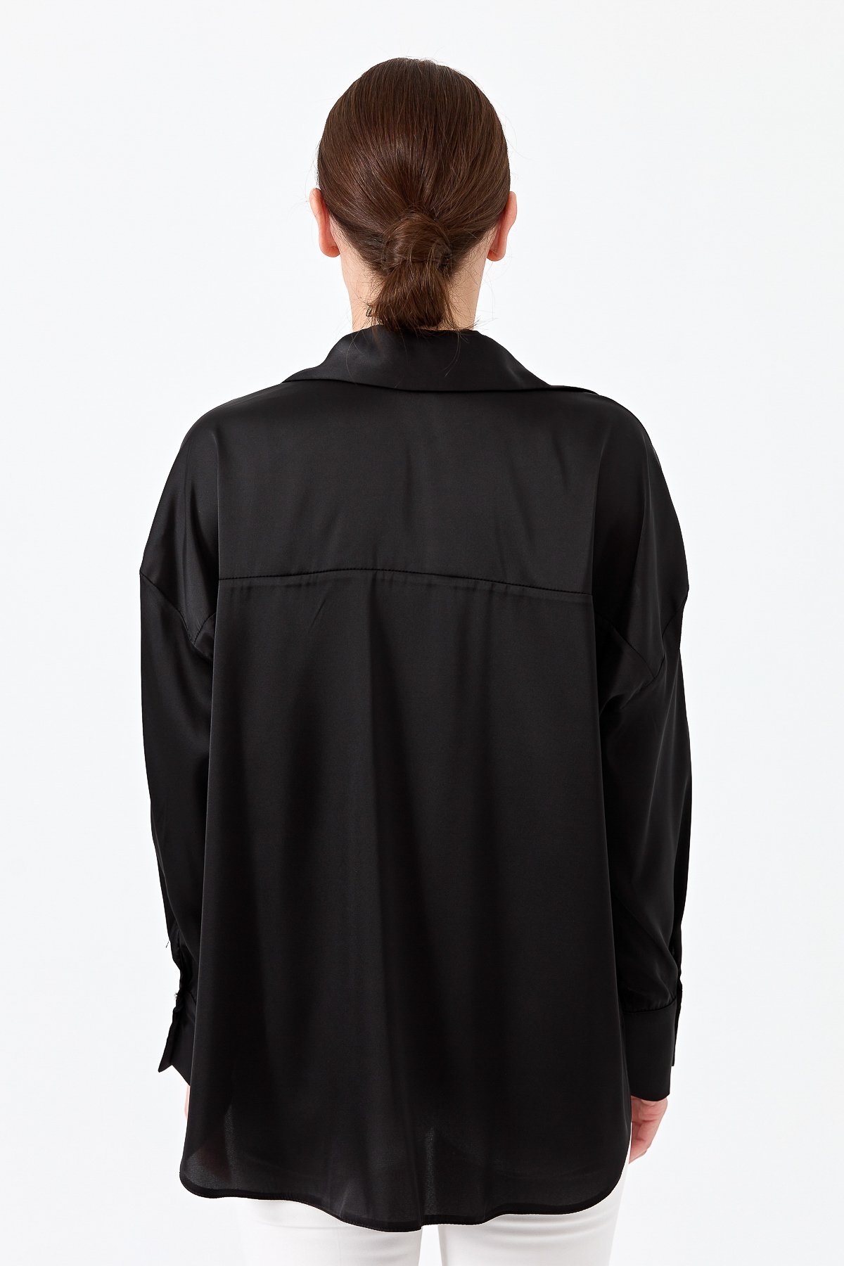 23710Kadın Saten Patlı Bluz Siyah