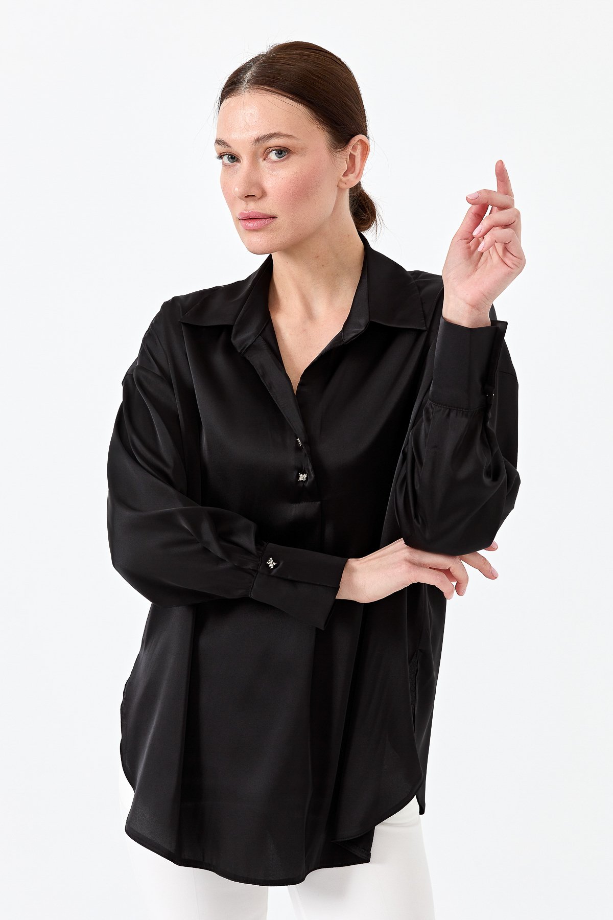 23710Kadın Saten Patlı Bluz Siyah