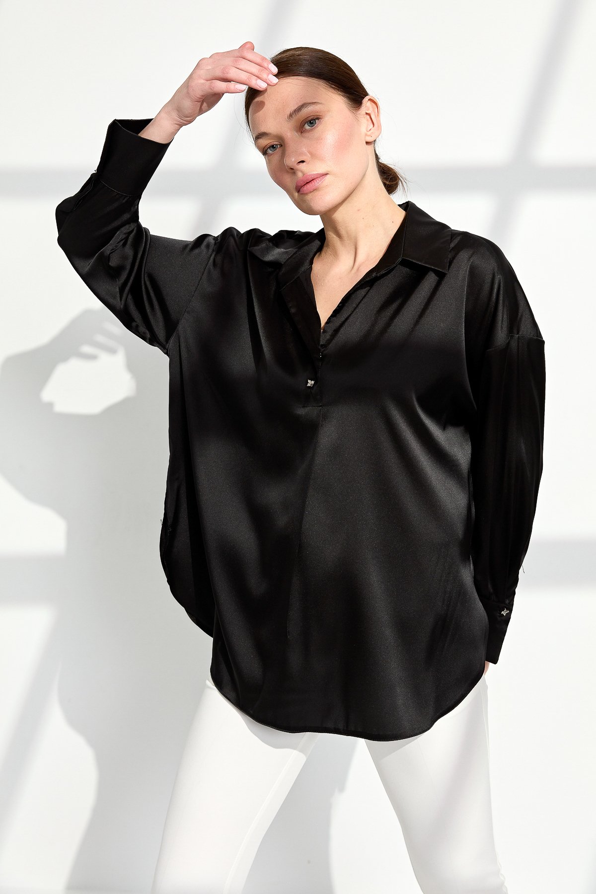 23710Kadın Saten Patlı Bluz Siyah