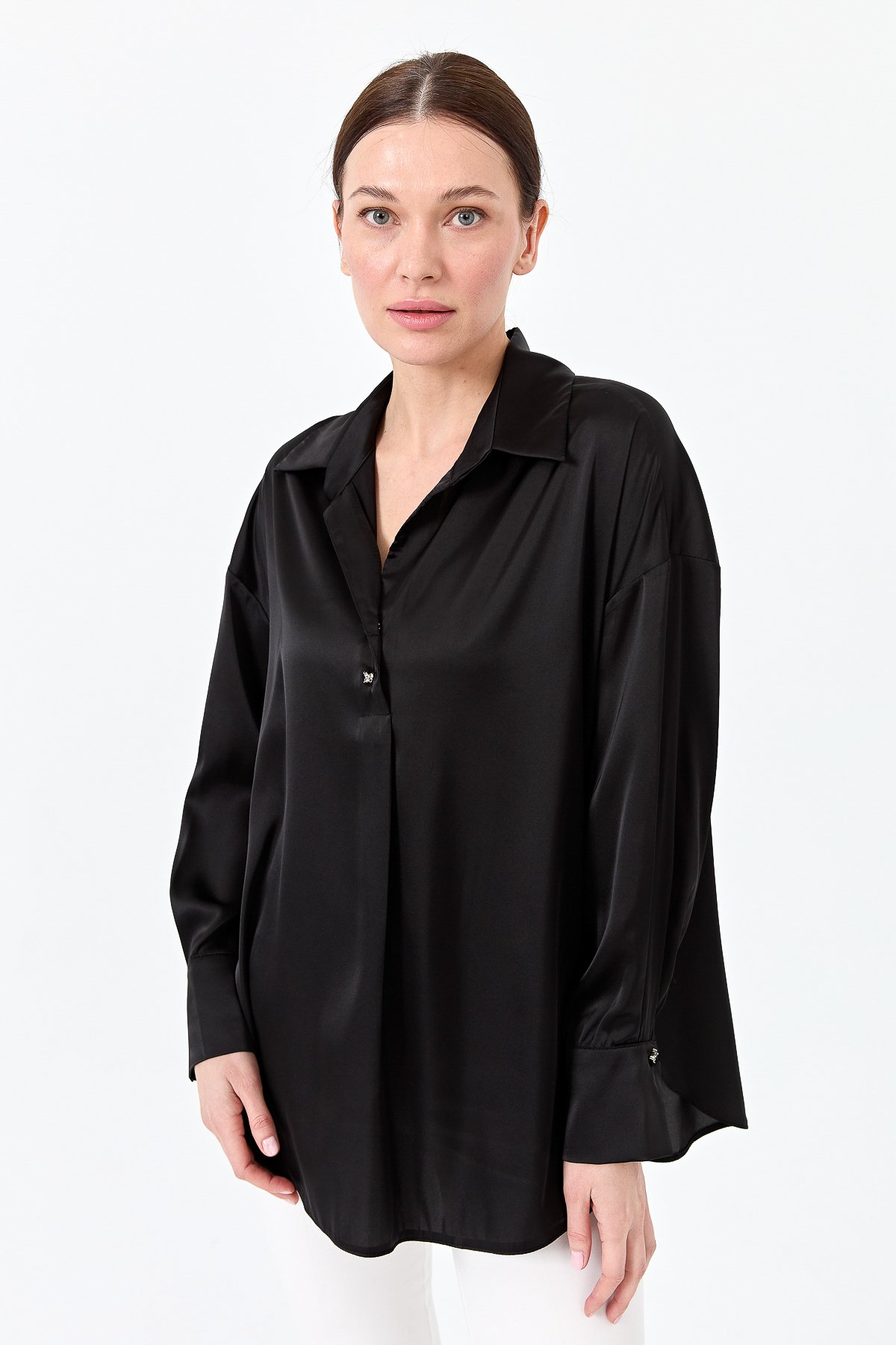 23710Kadın Saten Patlı Bluz Siyah