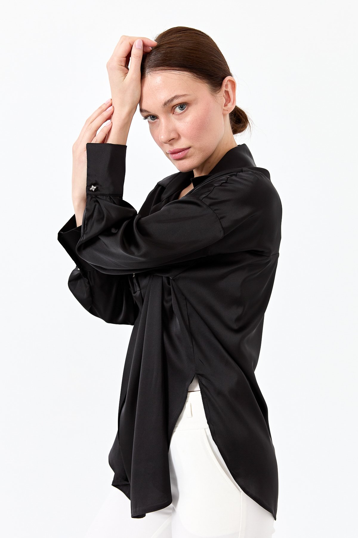 23710Kadın Saten Patlı Bluz Siyah