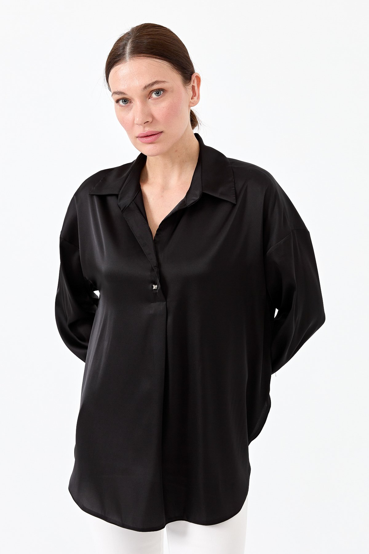 23710Kadın Saten Patlı Bluz Siyah