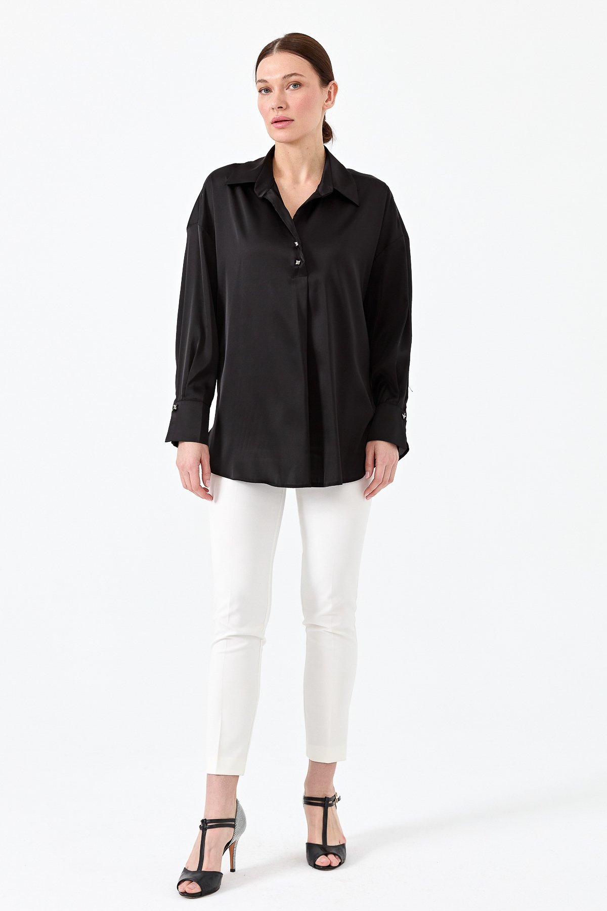 23710Kadın Saten Patlı Bluz Siyah