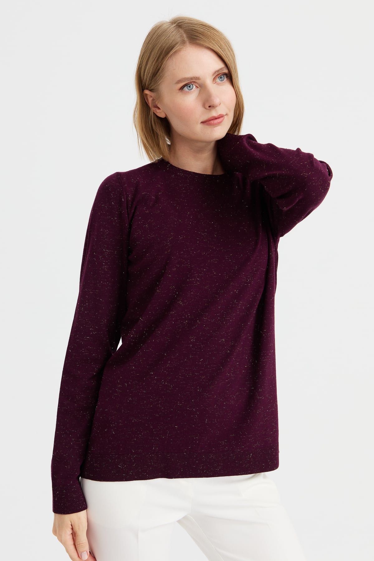 23024Kadın Sıfır Yaka Angelina Basic Kazak K.Mürdüm