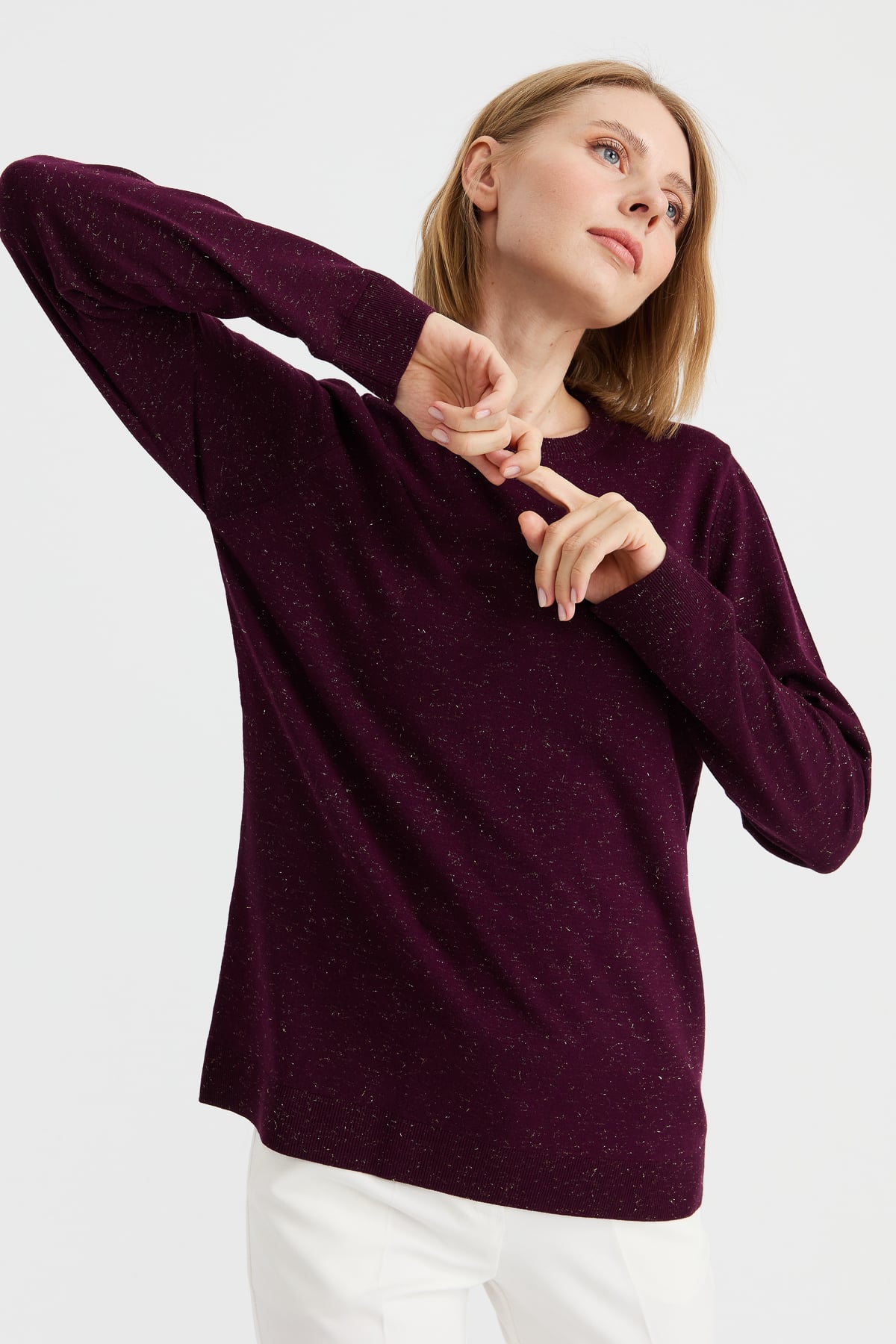 23024Kadın Sıfır Yaka Angelina Basic Kazak K.Mürdüm