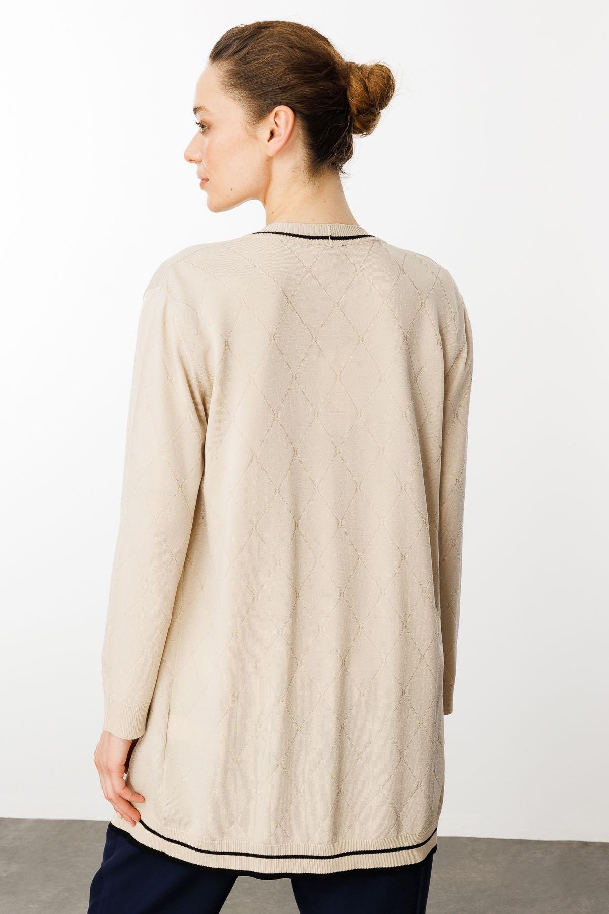 25357Kadın Sıfır Yaka Baklava Desenli Yazlık Hırka Bej