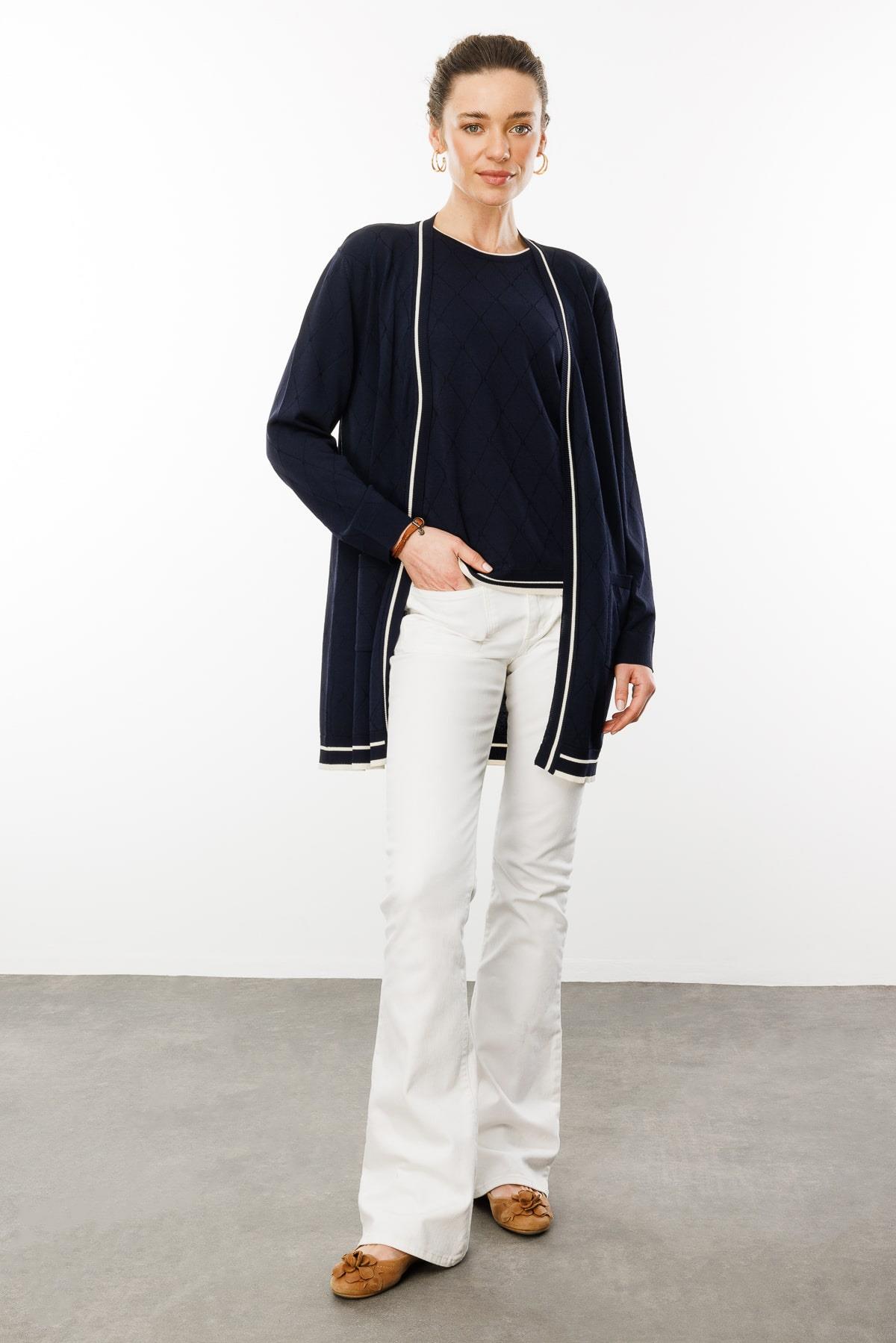 25357Kadın Sıfır Yaka Baklava Desenli Yazlık Hırka Lacivert