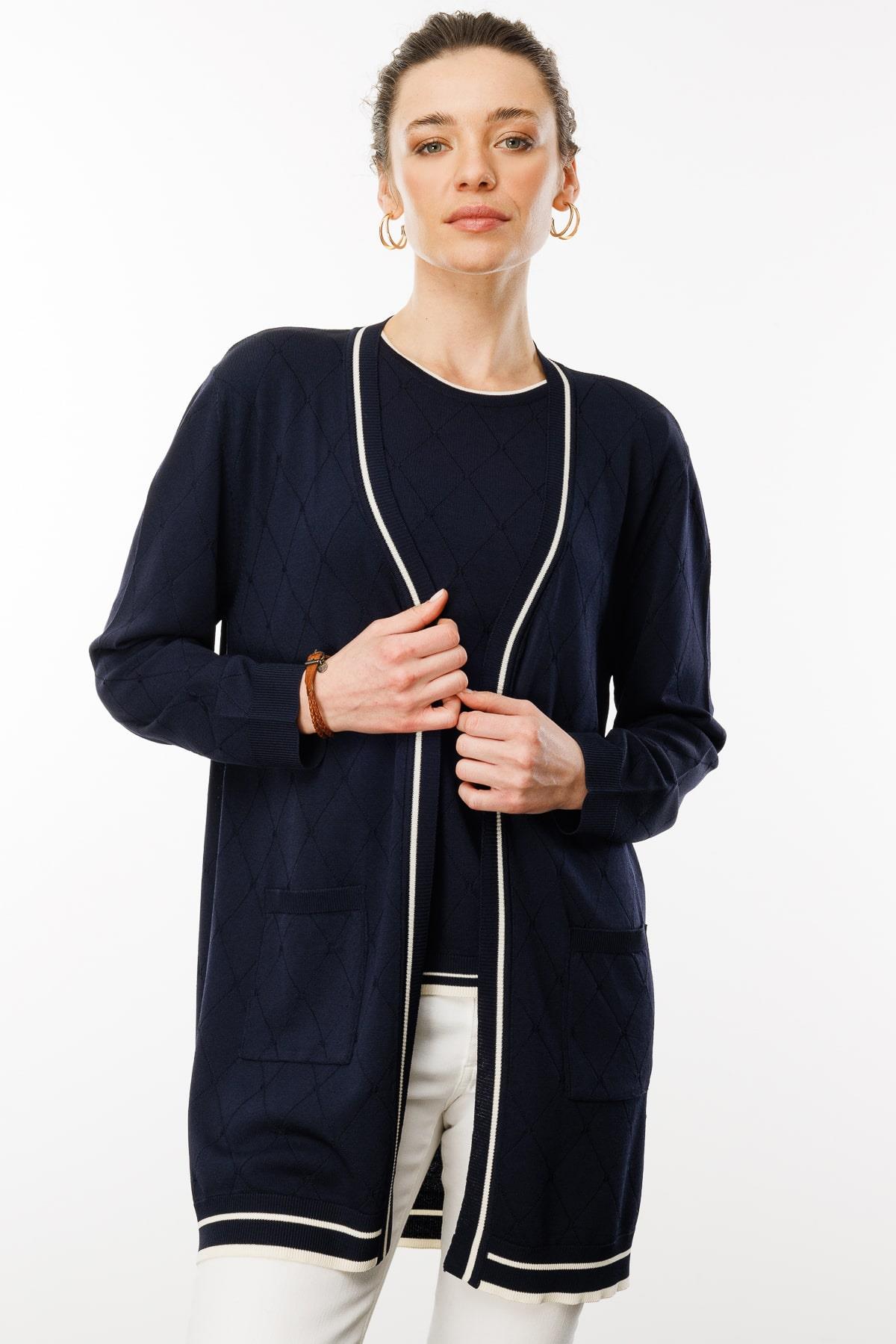 25357Kadın Sıfır Yaka Baklava Desenli Yazlık Hırka Lacivert