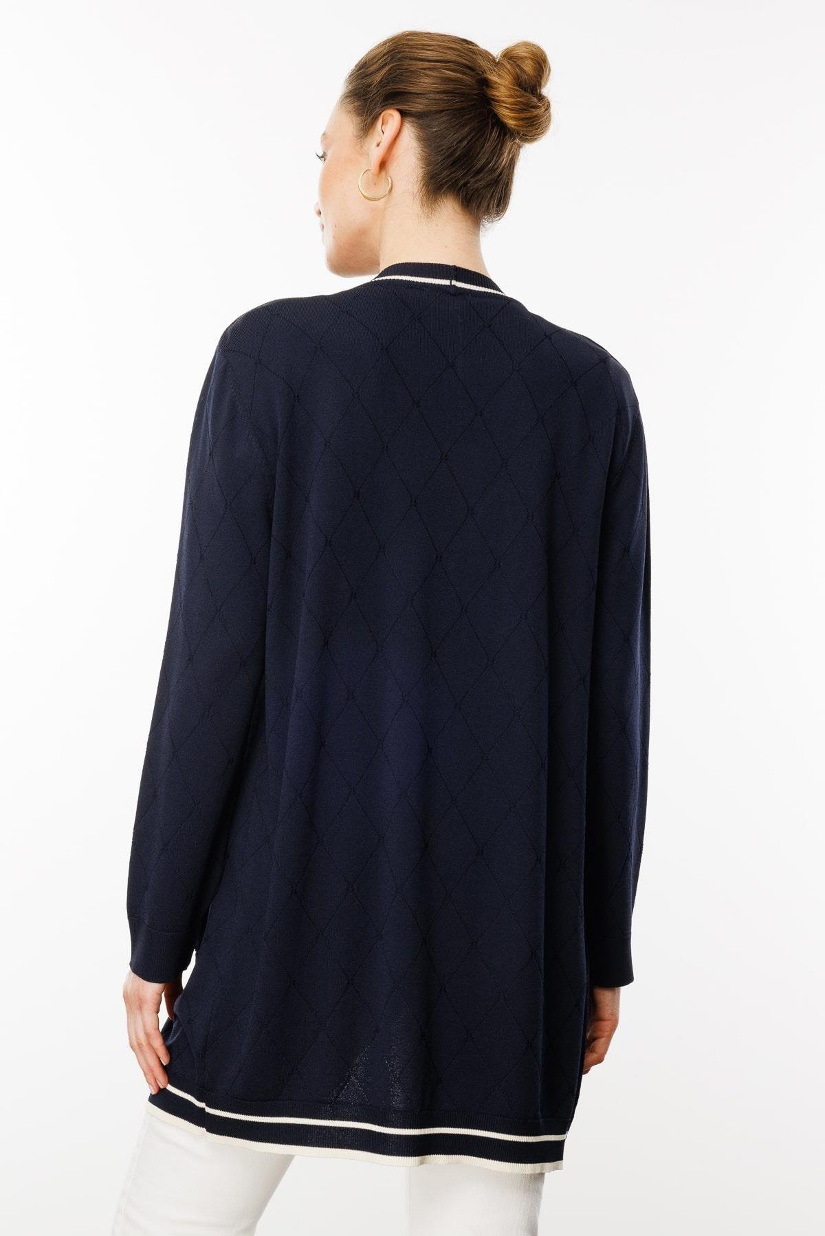 25357Kadın Sıfır Yaka Baklava Desenli Yazlık Hırka Lacivert