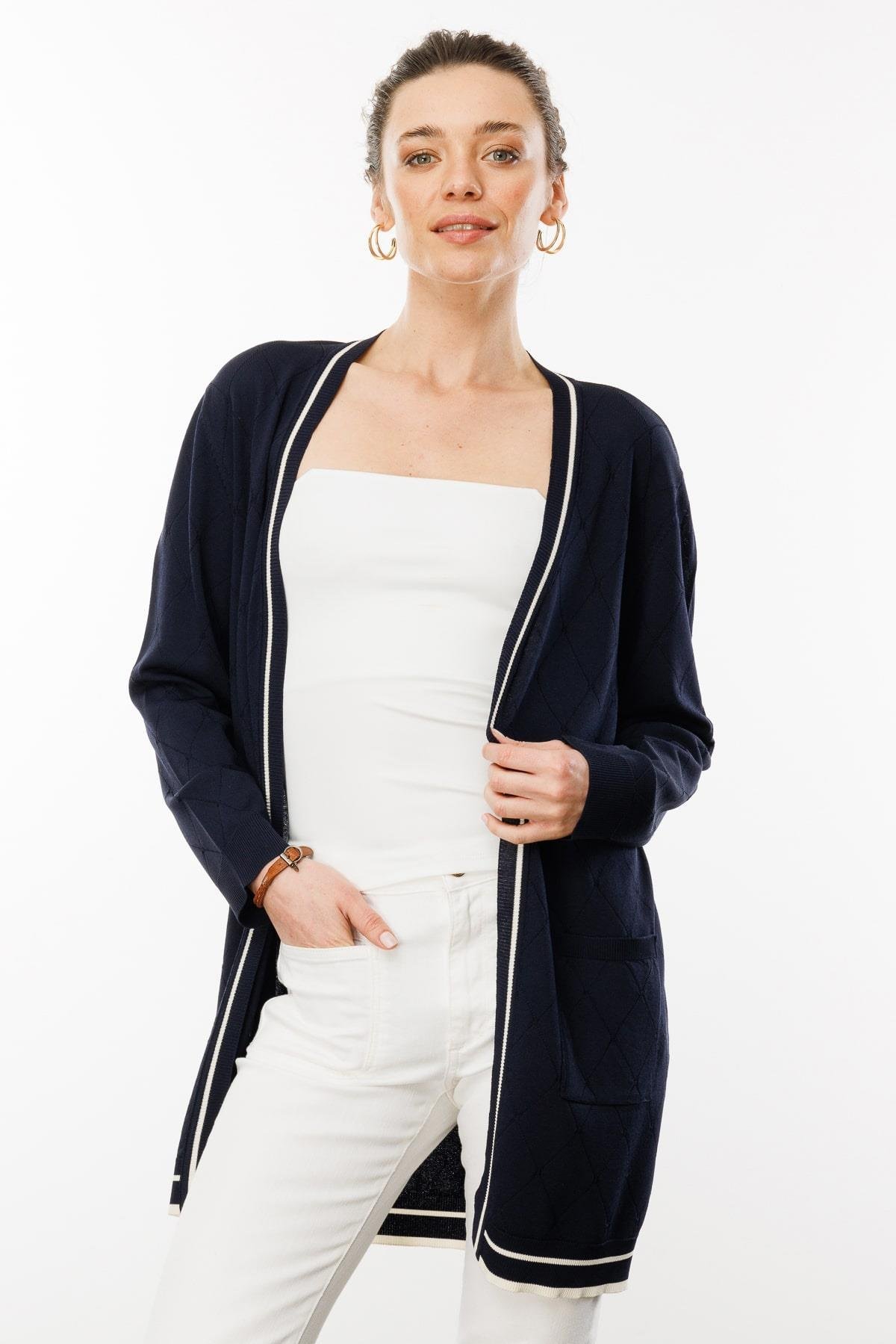 25357Kadın Sıfır Yaka Baklava Desenli Yazlık Hırka Lacivert