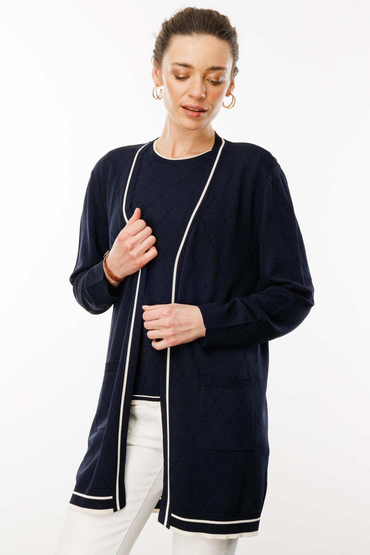 25357Kadın Sıfır Yaka Baklava Desenli Yazlık Hırka Lacivert