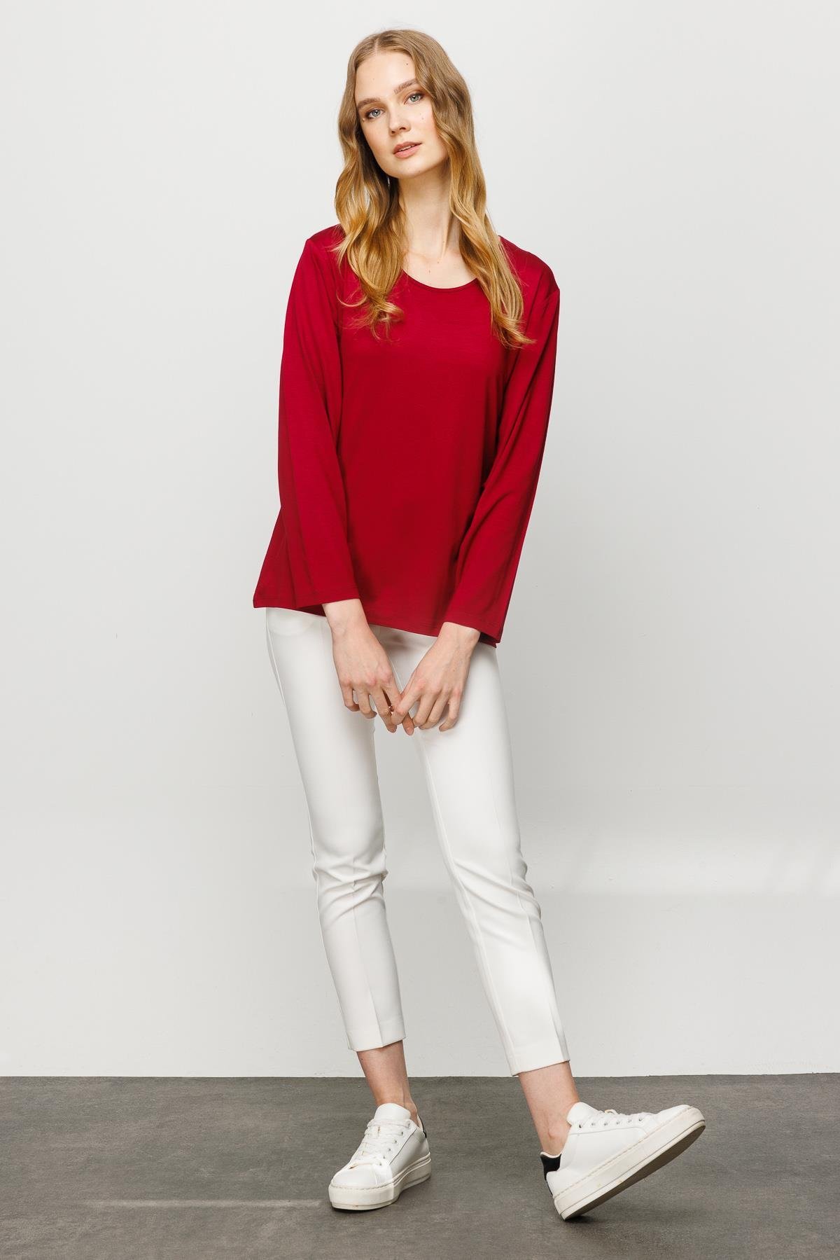 23787Kadın Sıfır Yaka Basic Penye Bluz Bordo