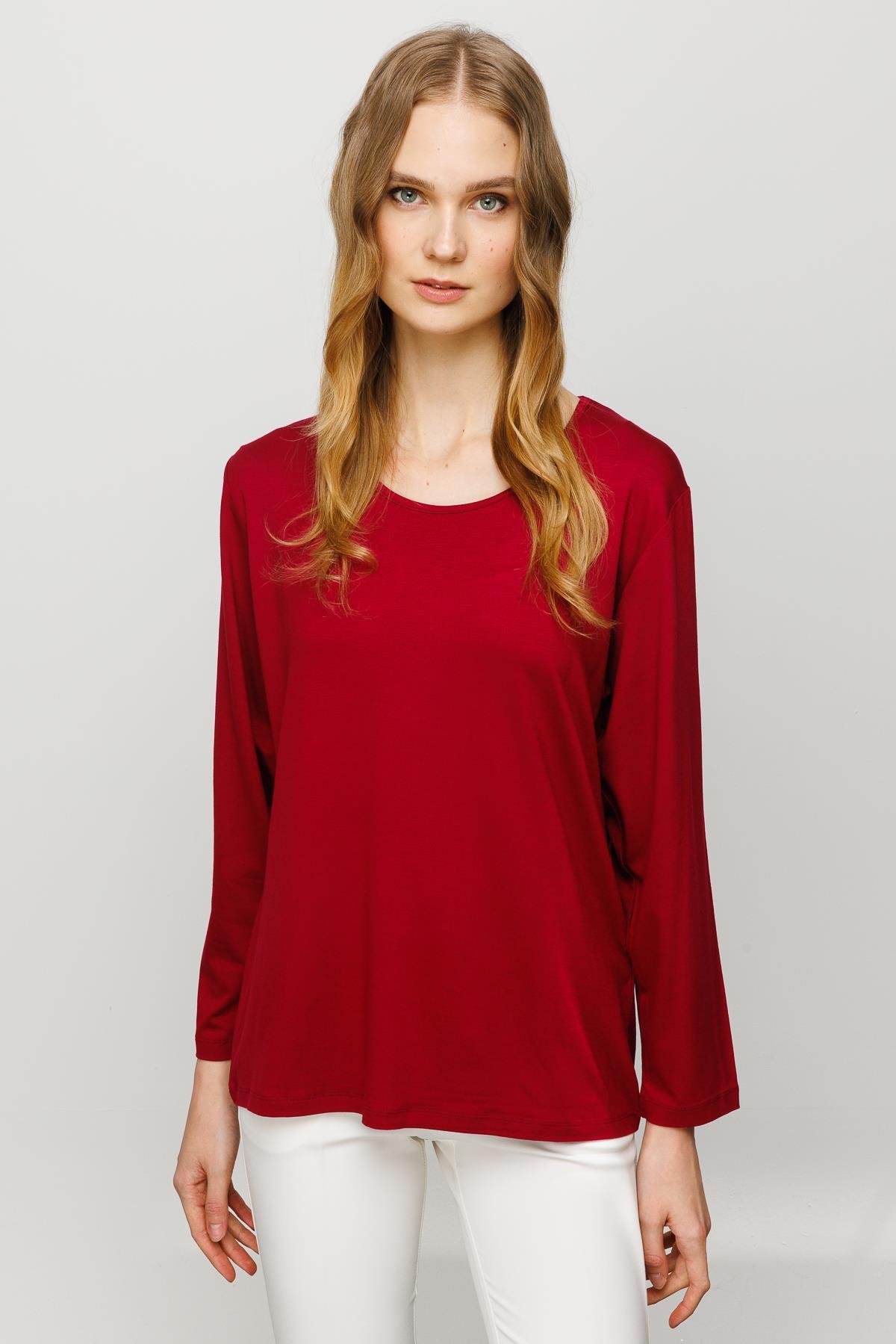 23787Kadın Sıfır Yaka Basic Penye Bluz Bordo