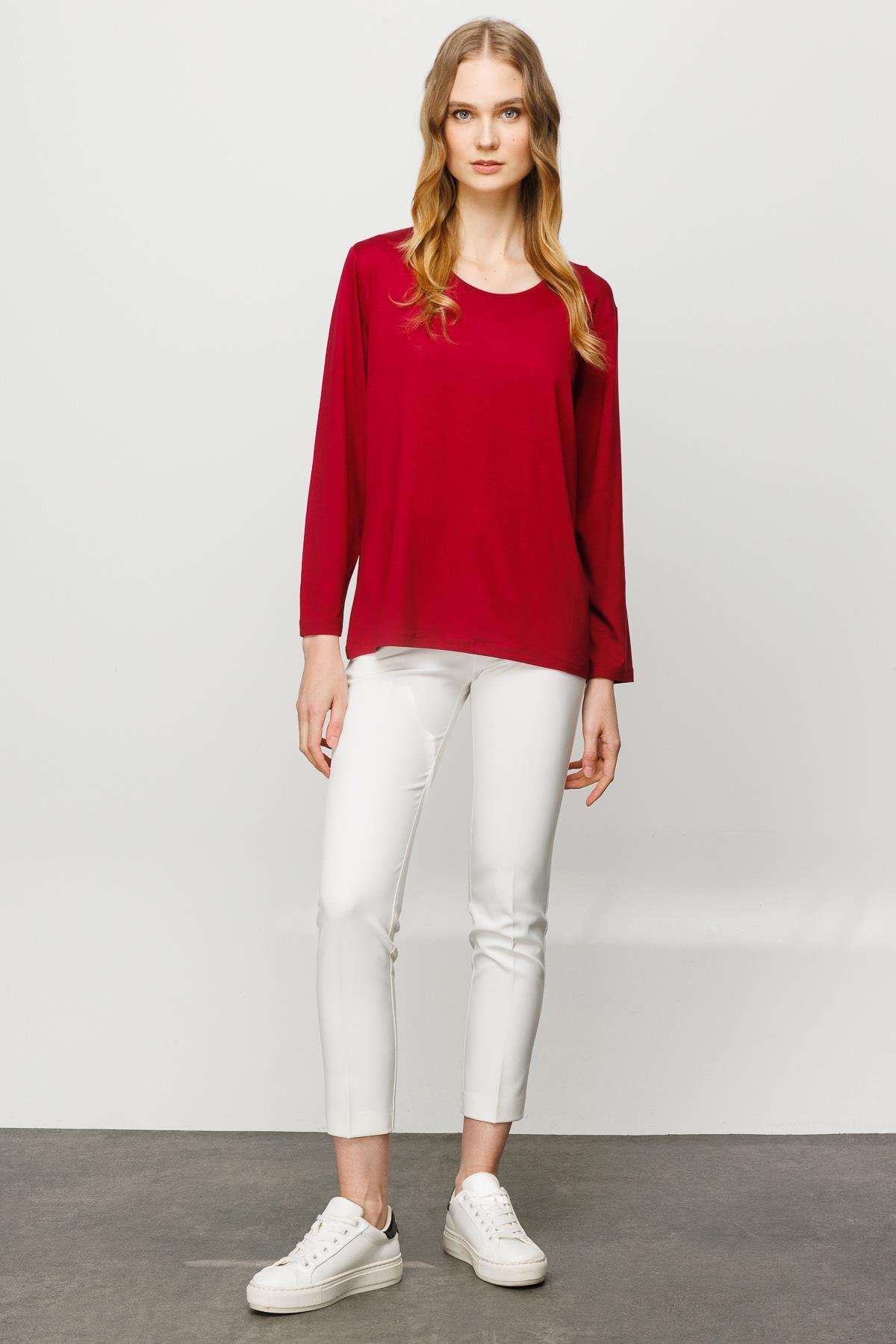 23787Kadın Sıfır Yaka Basic Penye Bluz Bordo