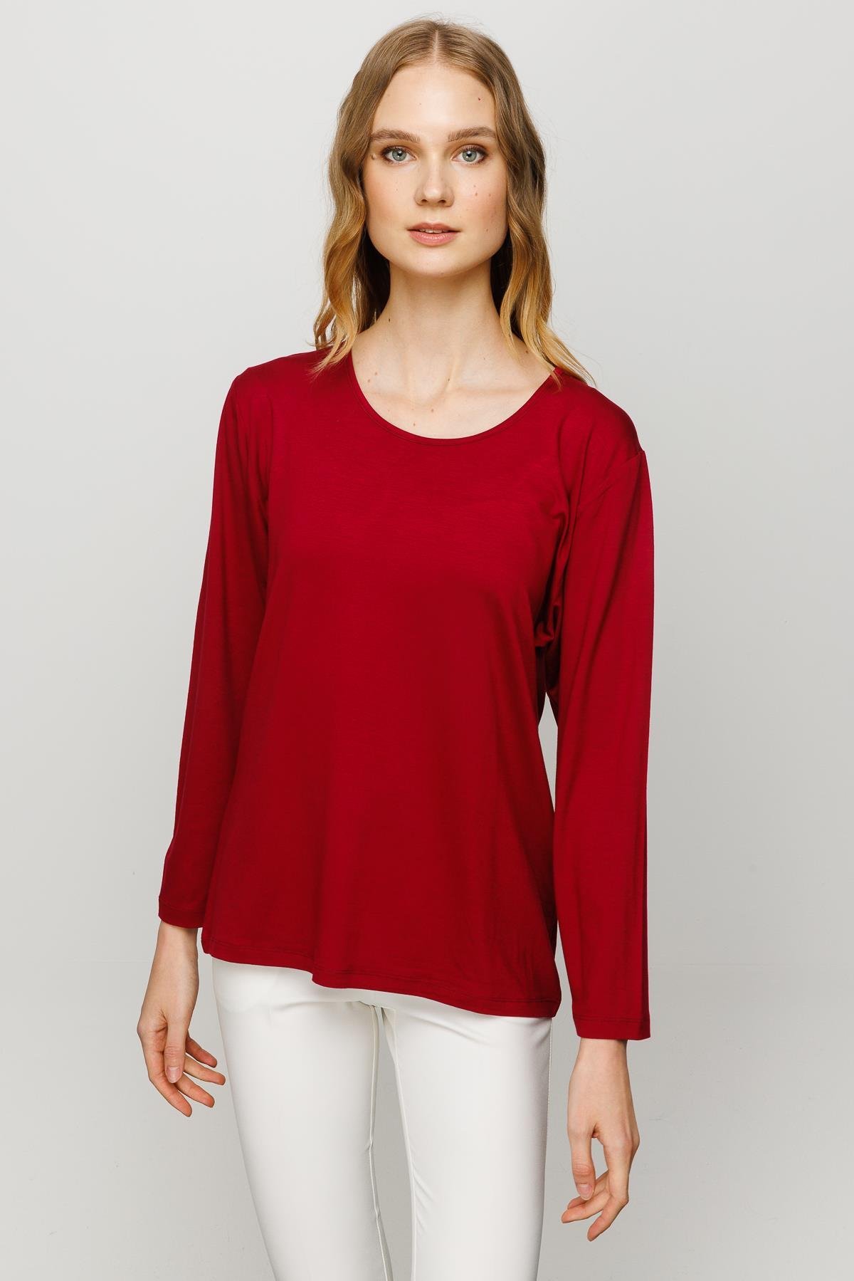 23787Kadın Sıfır Yaka Basic Penye Bluz Bordo