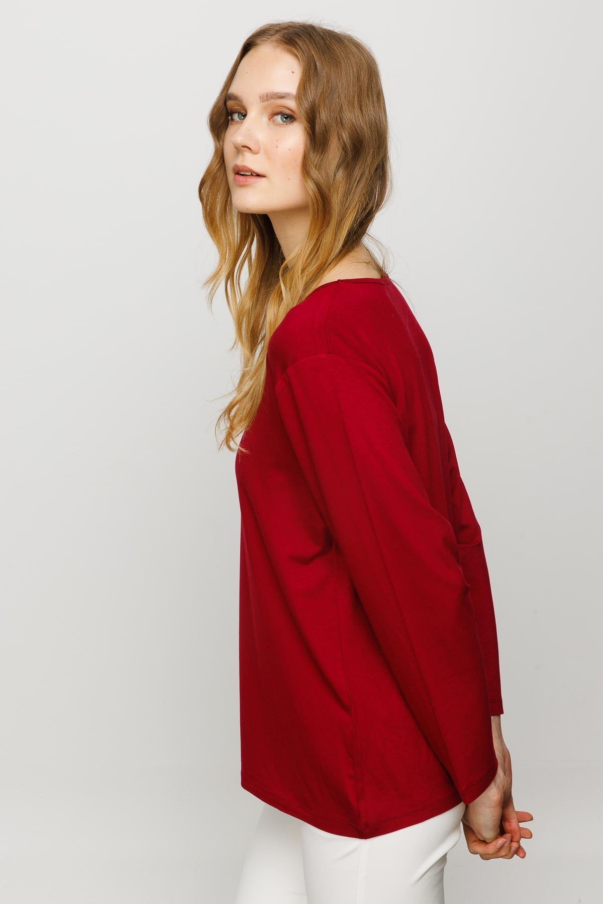 23787Kadın Sıfır Yaka Basic Penye Bluz Bordo