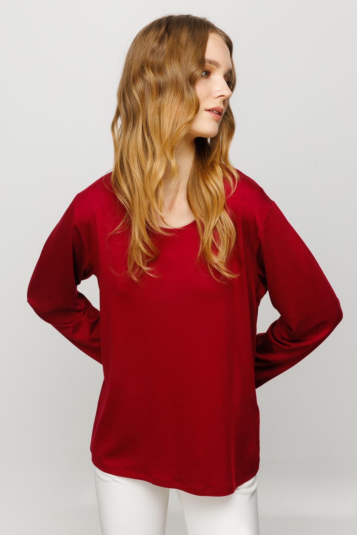 23787Kadın Sıfır Yaka Basic Penye Bluz Bordo
