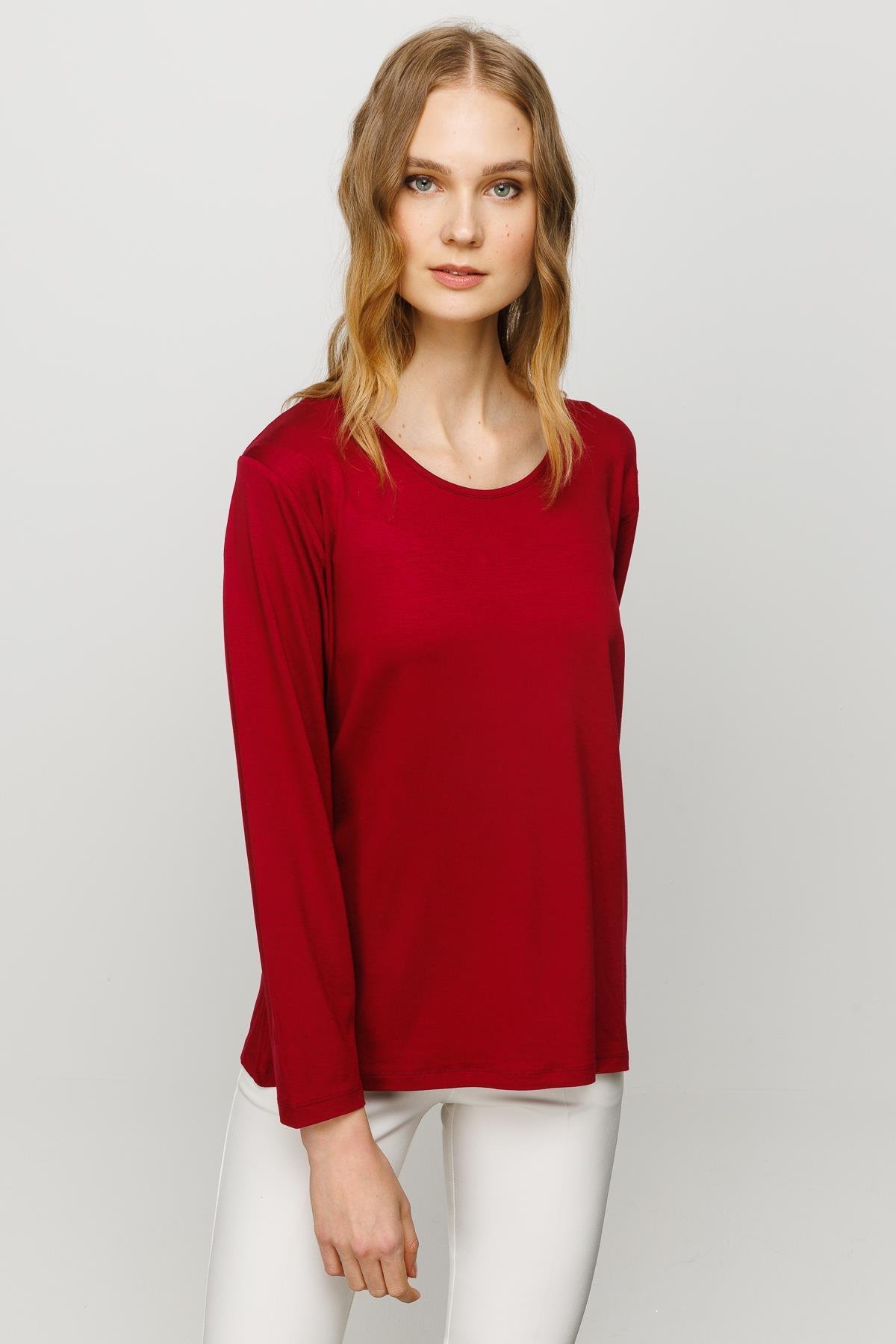 23787Kadın Sıfır Yaka Basic Penye Bluz Bordo