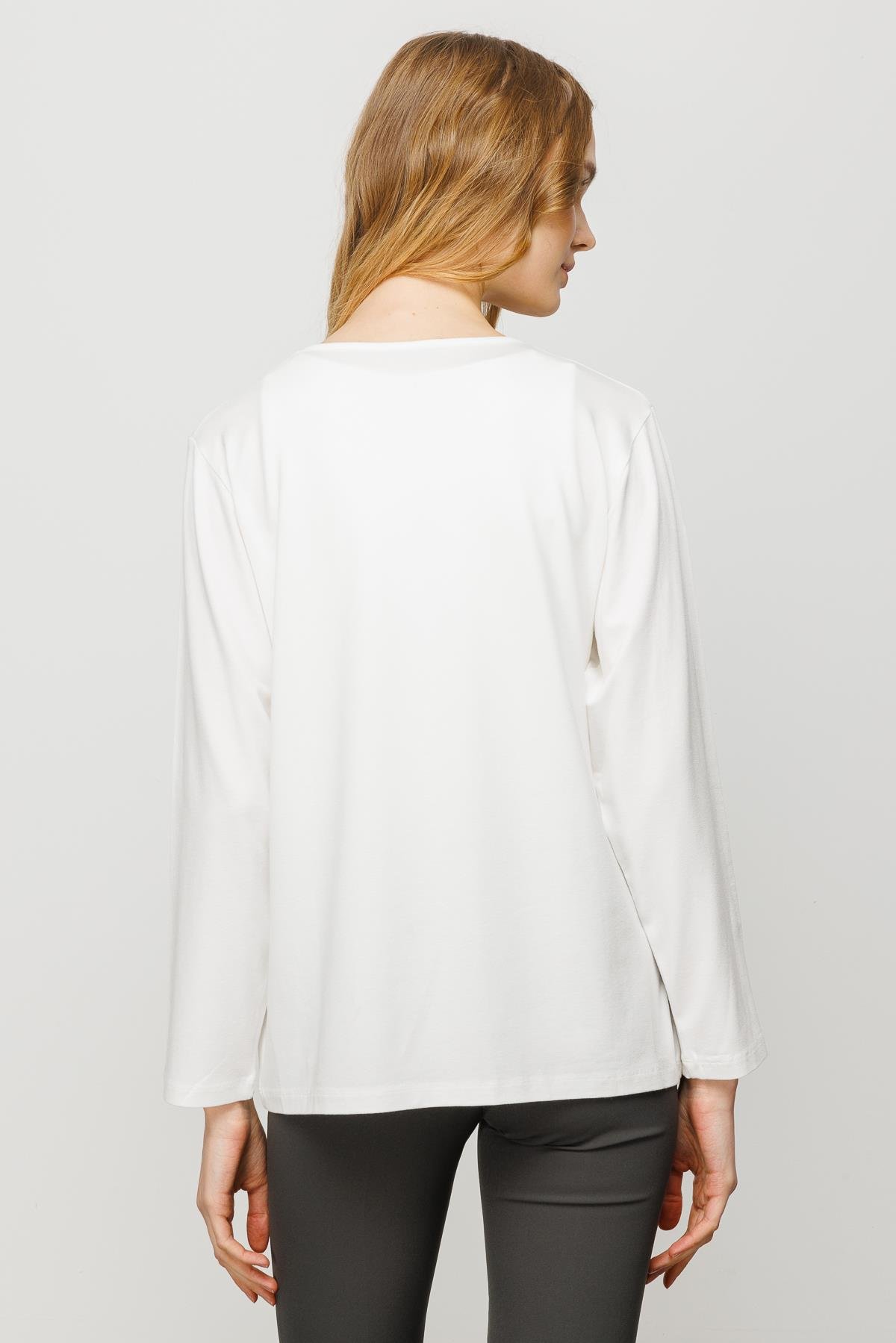 23787Kadın Sıfır Yaka Basic Penye Bluz Kemik