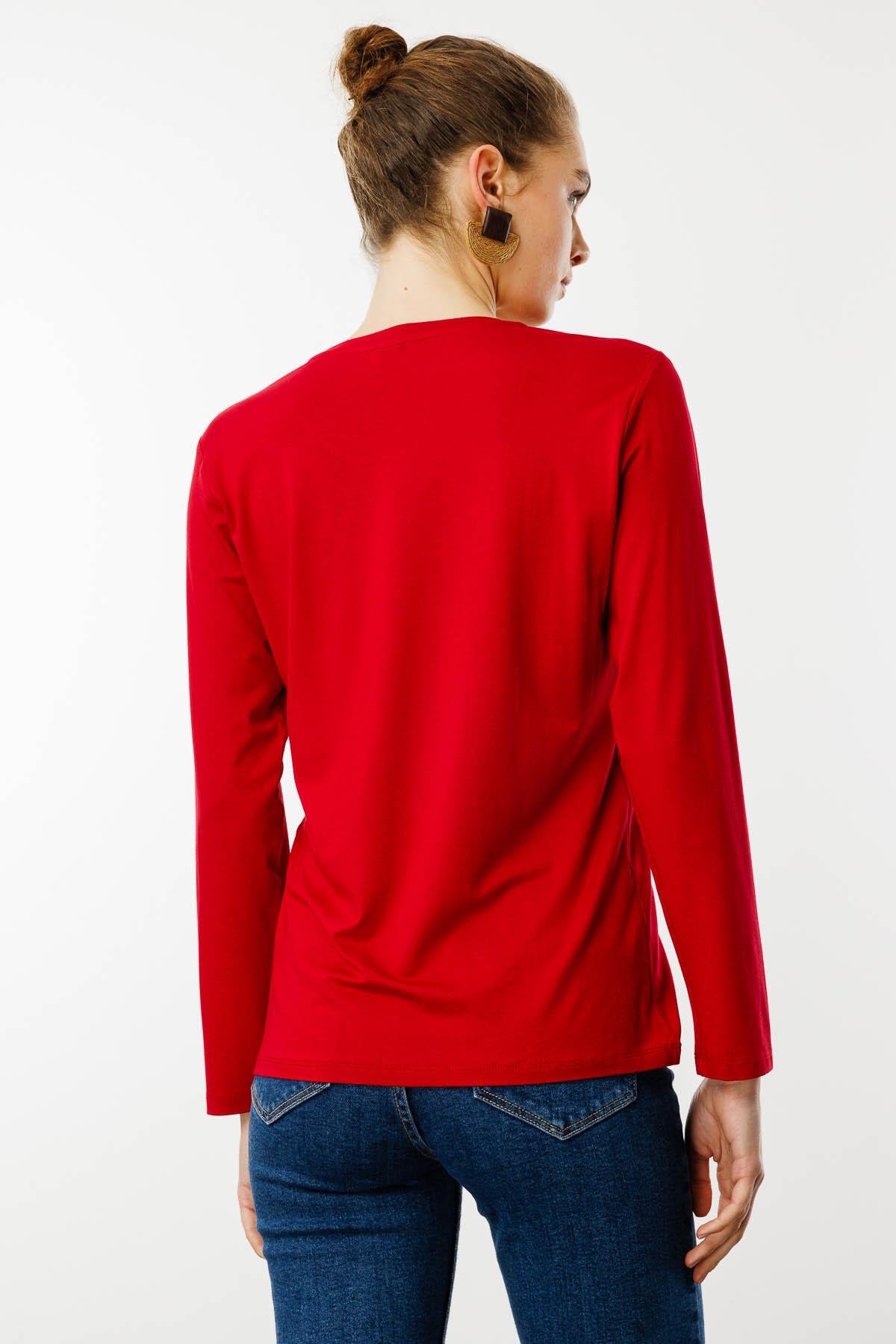 23787Kadın Sıfır Yaka Basic Penye Bluz Kırmızı
