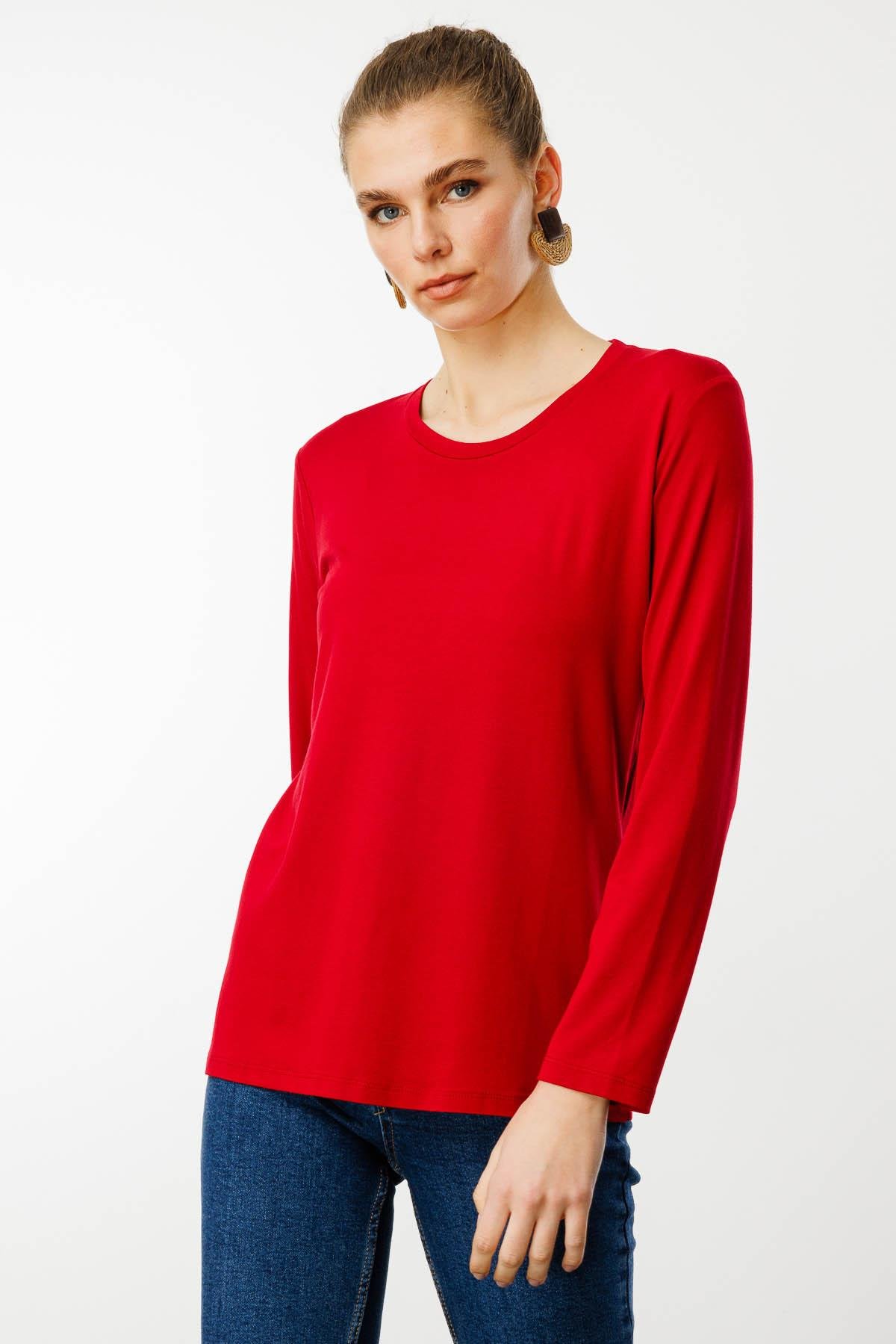 23787Kadın Sıfır Yaka Basic Penye Bluz Kırmızı
