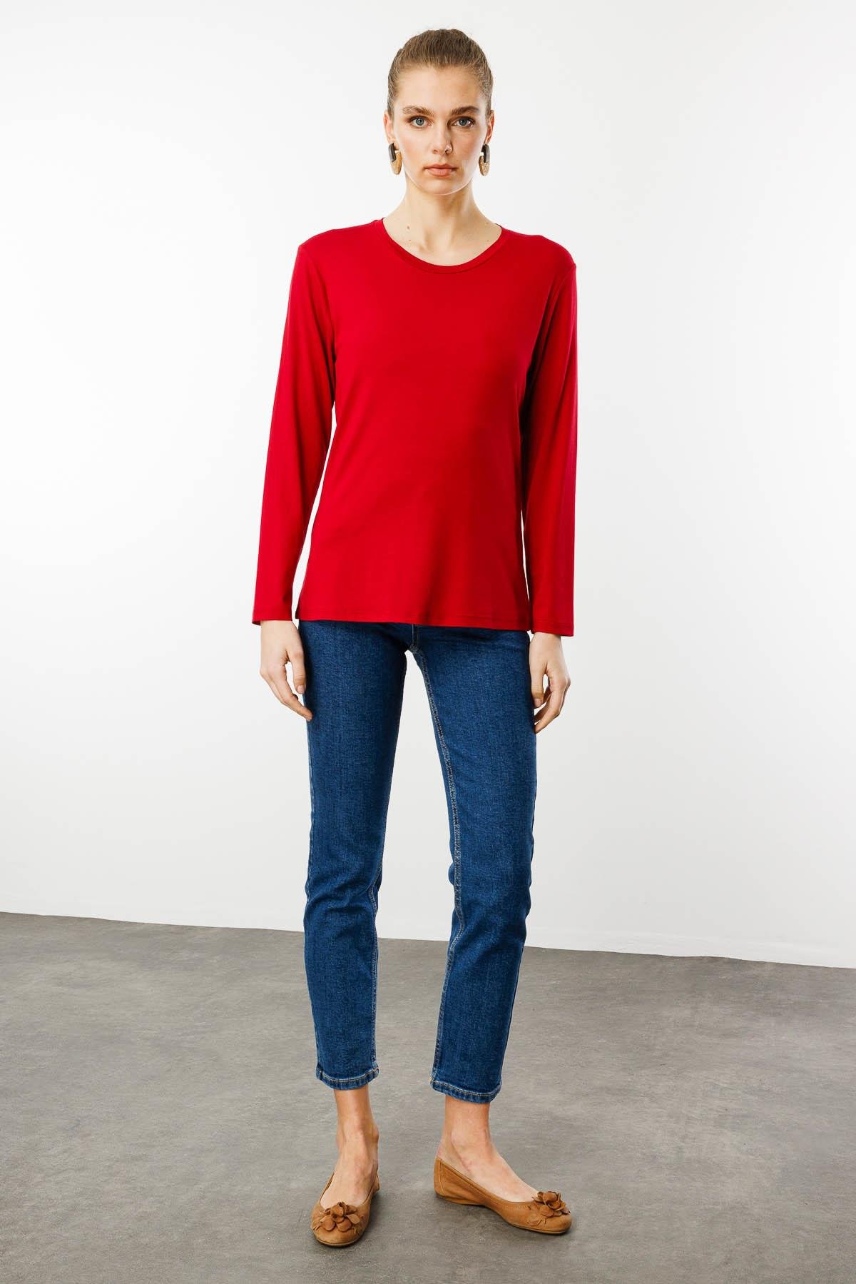 23787Kadın Sıfır Yaka Basic Penye Bluz Kırmızı