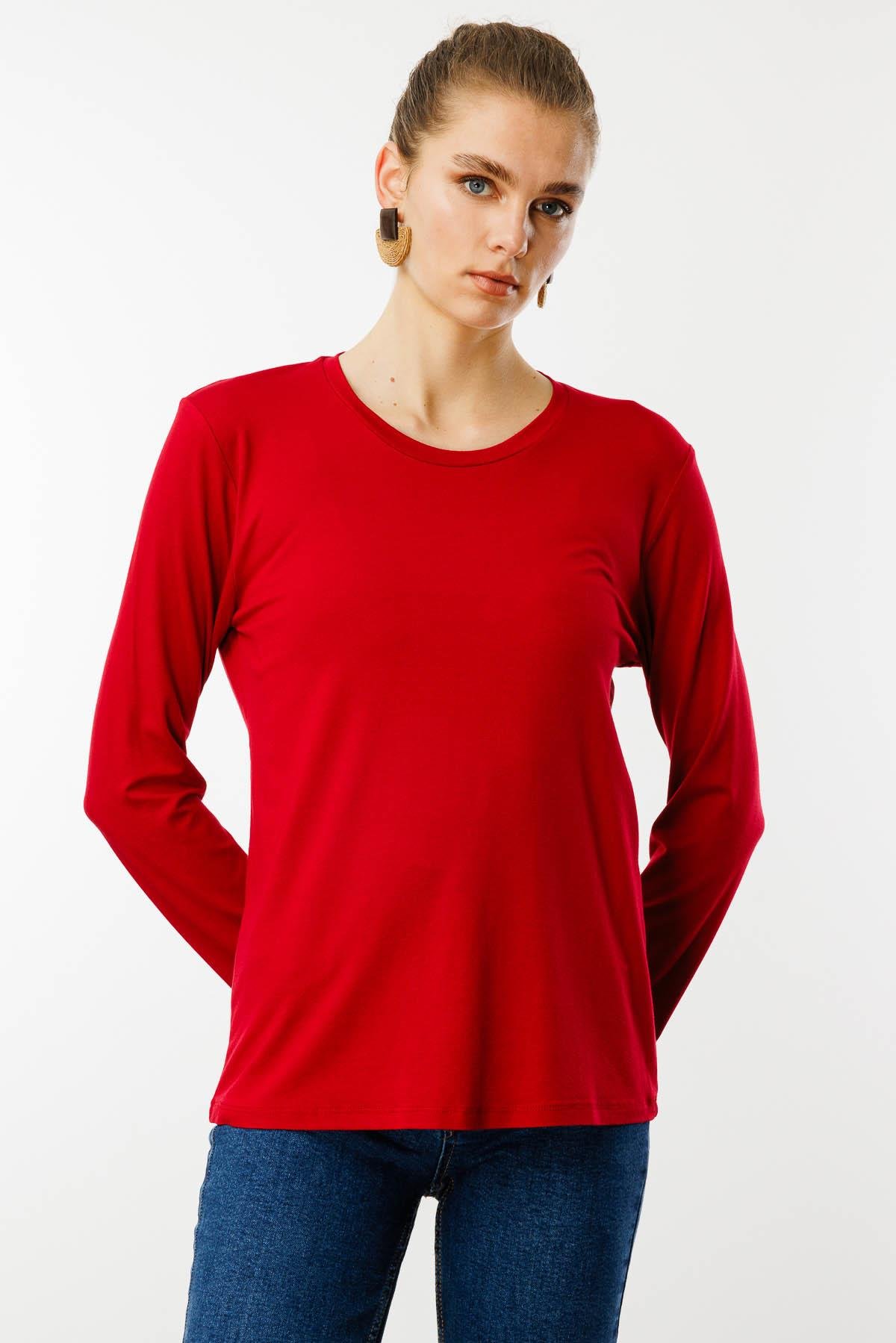 23787Kadın Sıfır Yaka Basic Penye Bluz Kırmızı
