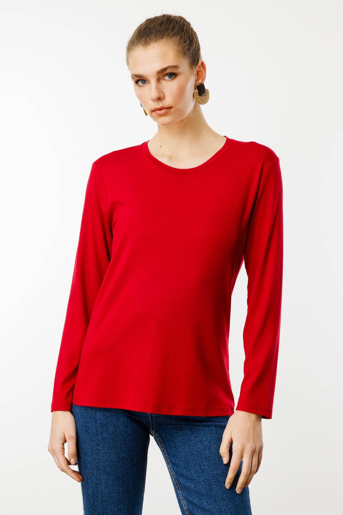 23787Kadın Sıfır Yaka Basic Penye Bluz Kırmızı