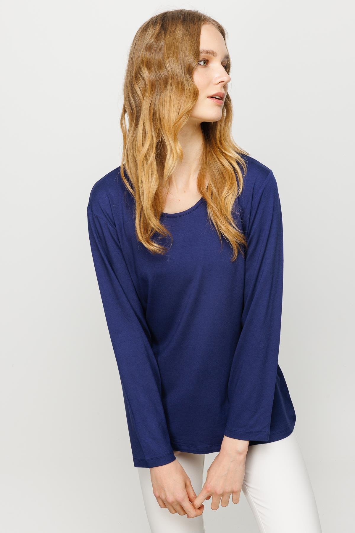 23787Kadın Sıfır Yaka Basic Penye Bluz Lacivert