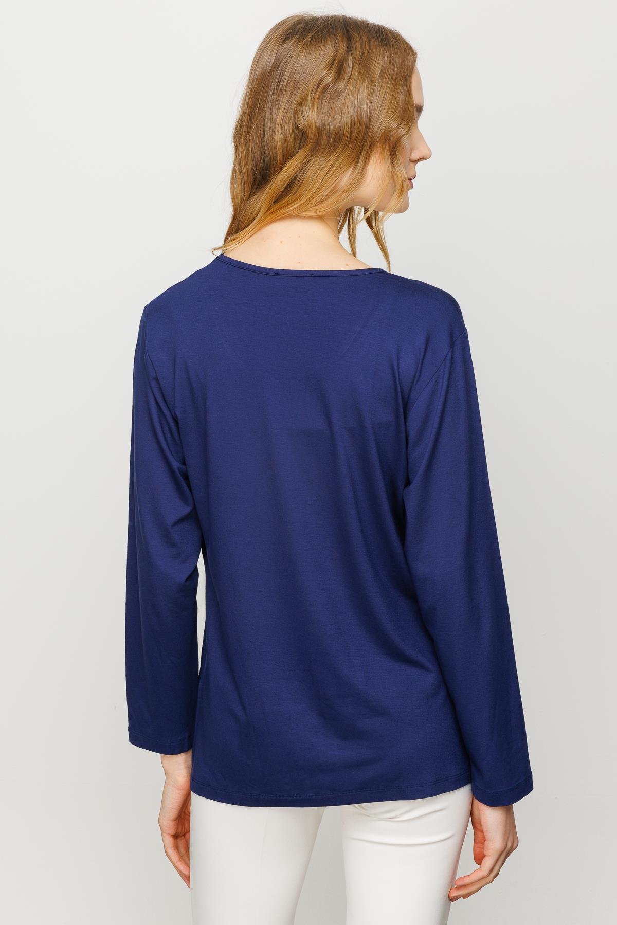 23787Kadın Sıfır Yaka Basic Penye Bluz Lacivert