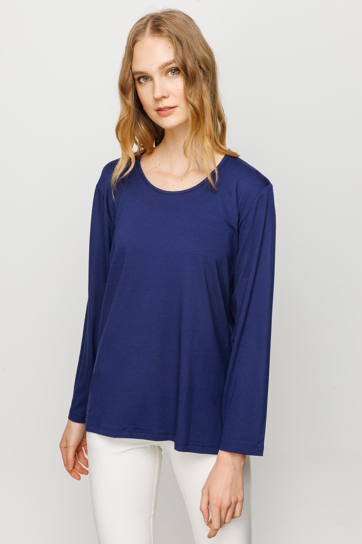 23787Kadın Sıfır Yaka Basic Penye Bluz Lacivert