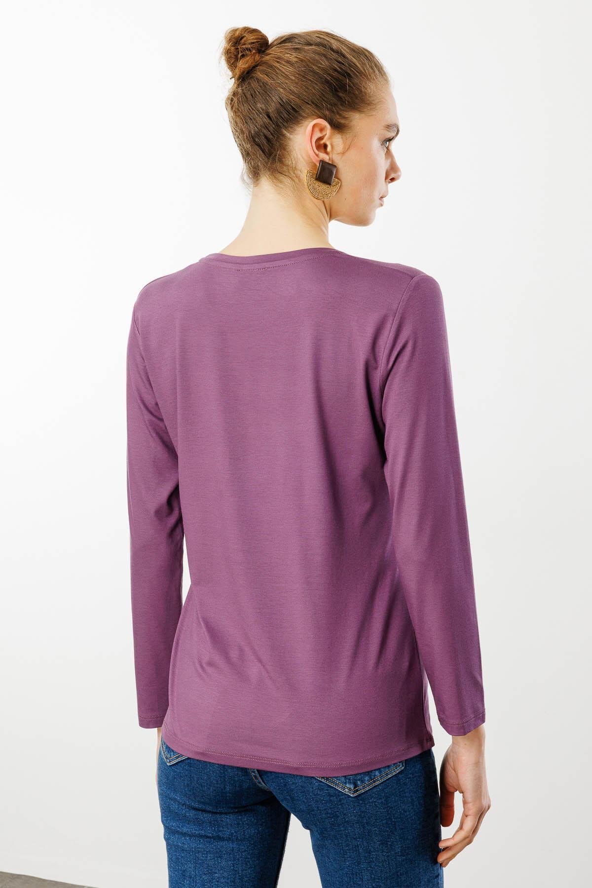 23787Kadın Sıfır Yaka Basic Penye Bluz Lila