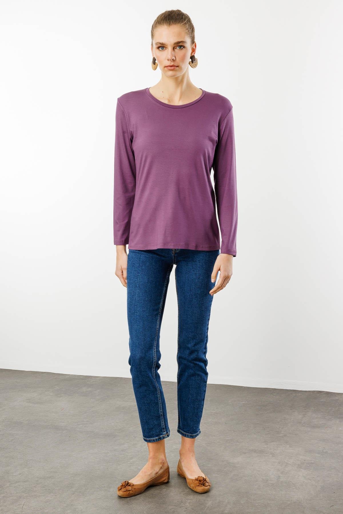 23787Kadın Sıfır Yaka Basic Penye Bluz Lila