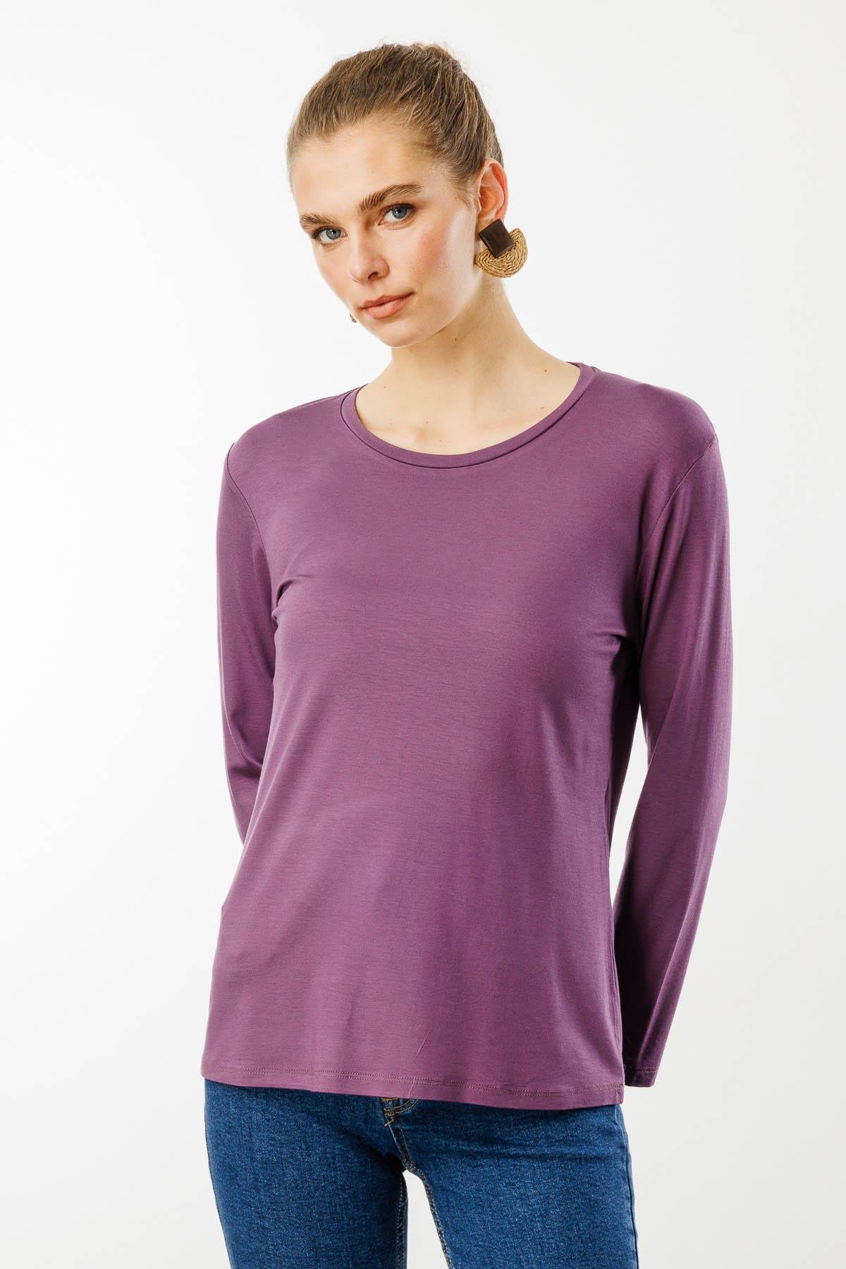 23787Kadın Sıfır Yaka Basic Penye Bluz Lila