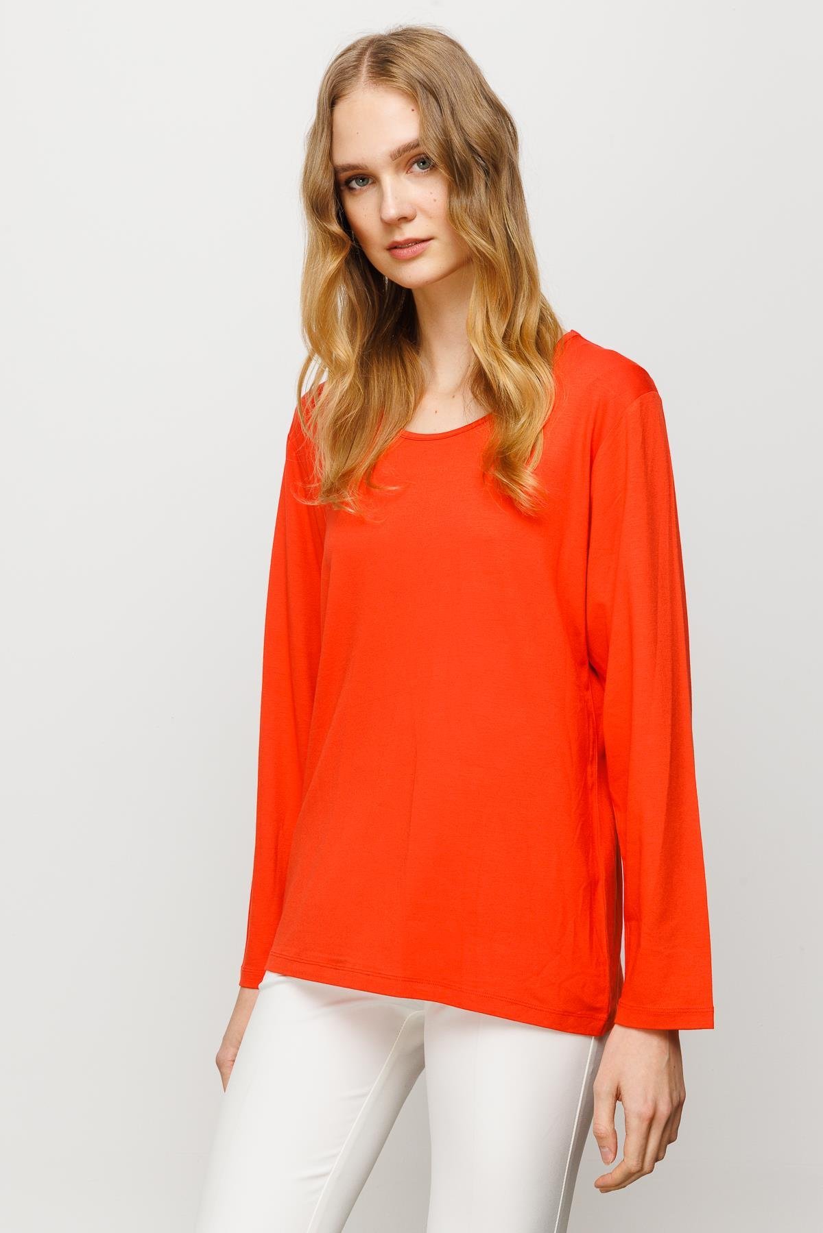 23787Kadın Sıfır Yaka Basic Penye Bluz Oranj