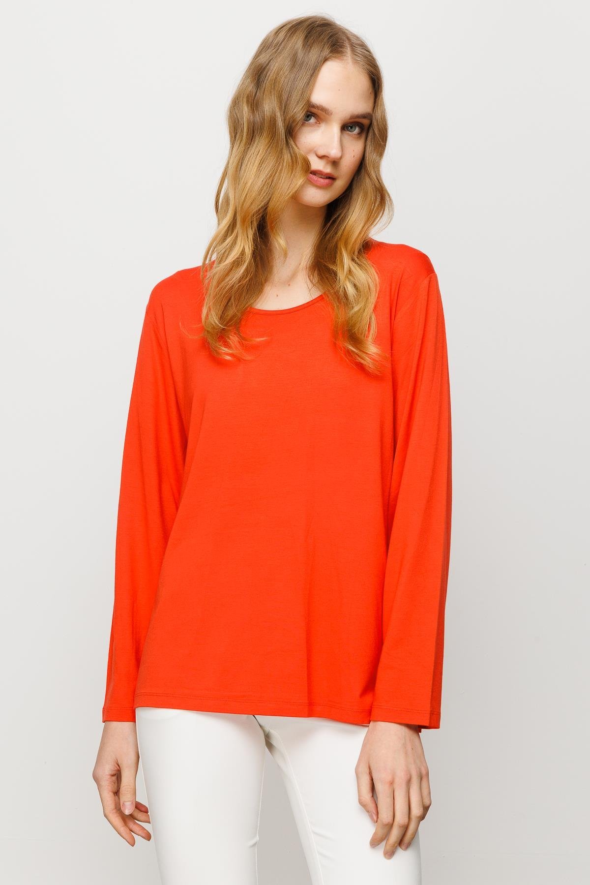 23787Kadın Sıfır Yaka Basic Penye Bluz Oranj