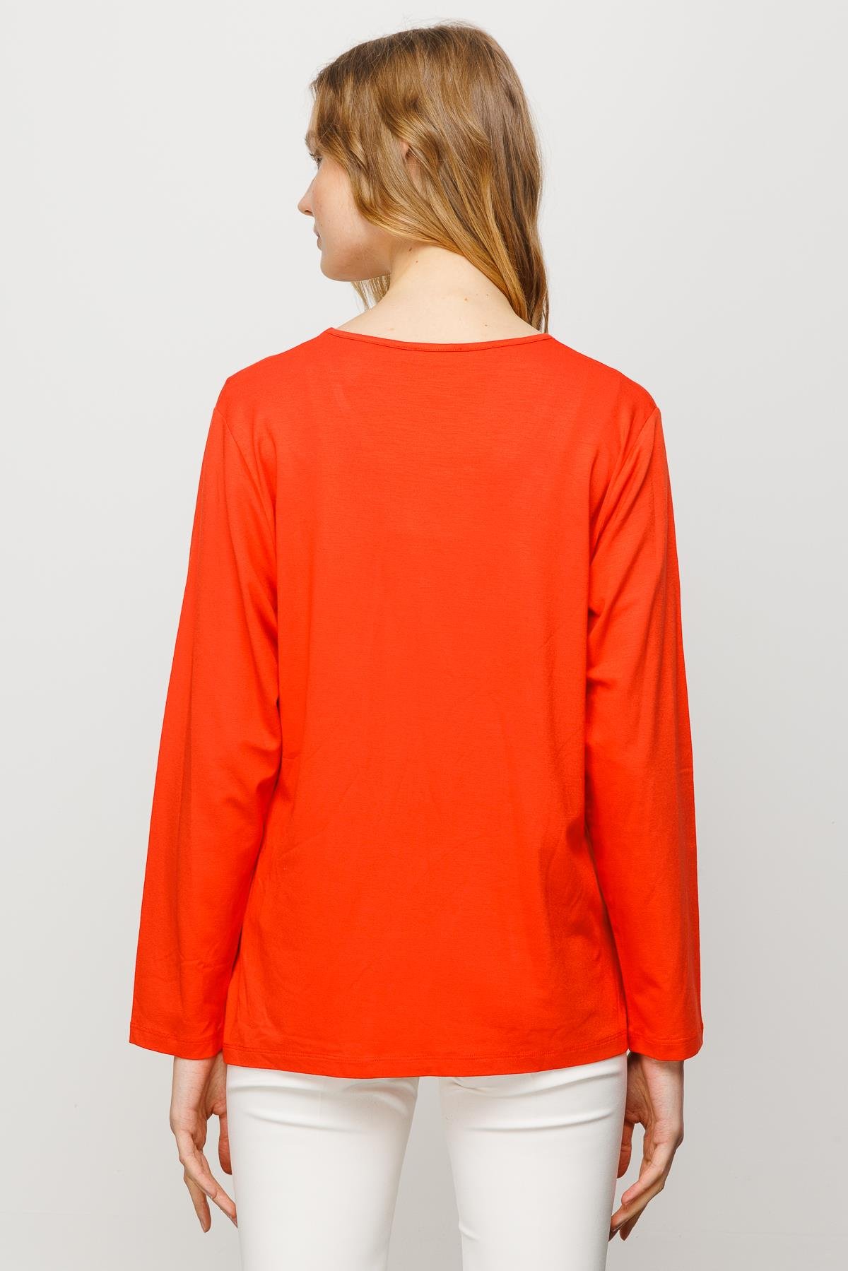 23787Kadın Sıfır Yaka Basic Penye Bluz Oranj