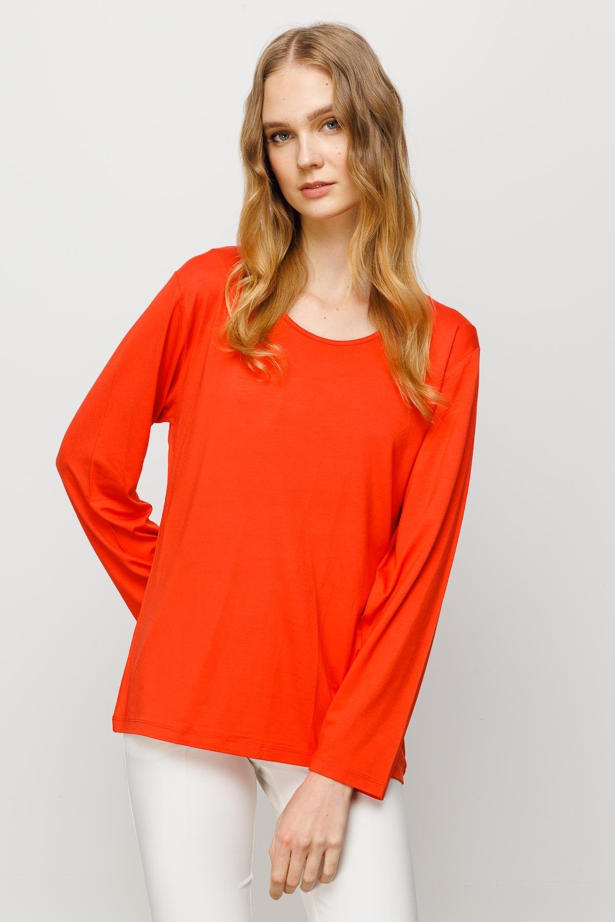 23787Kadın Sıfır Yaka Basic Penye Bluz Oranj