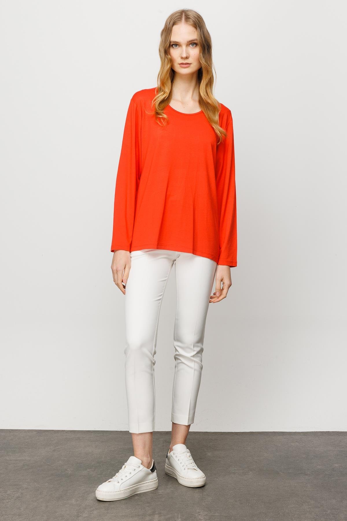23787Kadın Sıfır Yaka Basic Penye Bluz Oranj