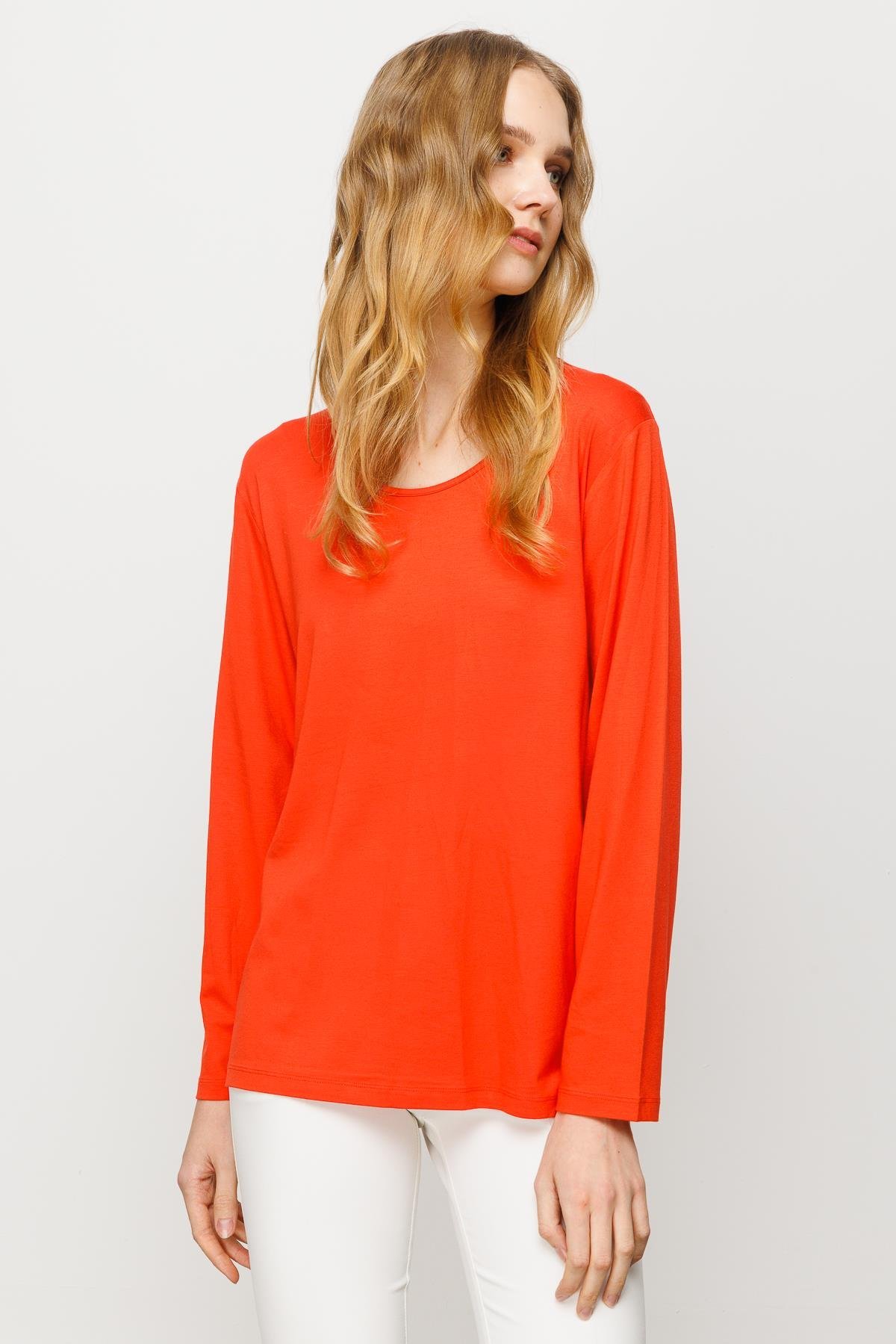 23787Kadın Sıfır Yaka Basic Penye Bluz Oranj