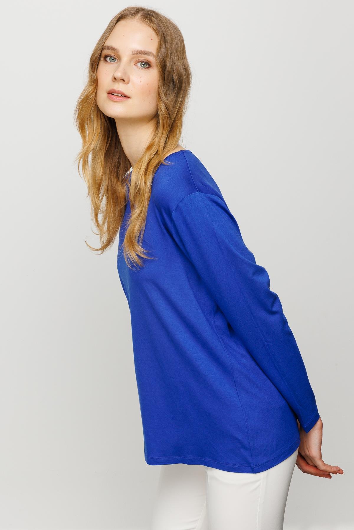 23787Kadın Sıfır Yaka Basic Penye Bluz Saks