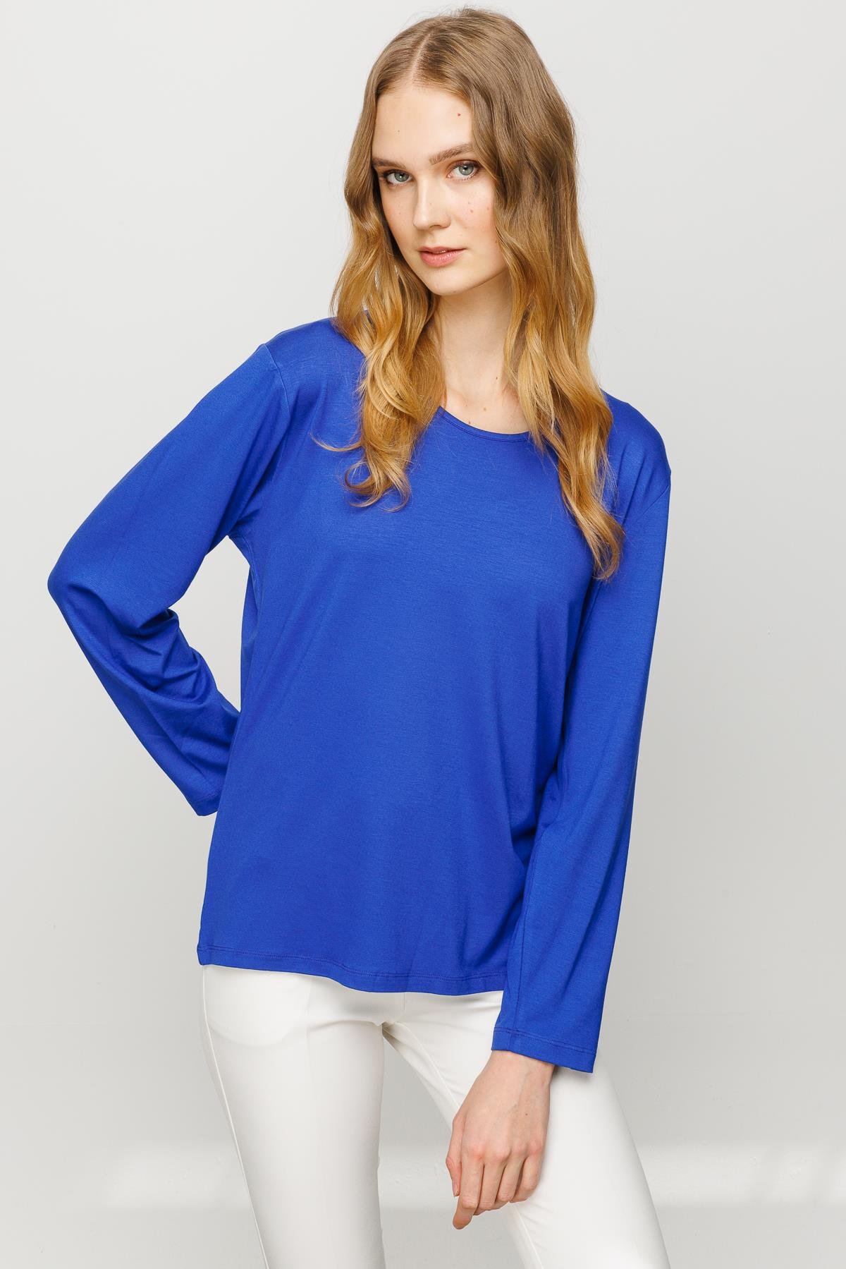 23787Kadın Sıfır Yaka Basic Penye Bluz Saks